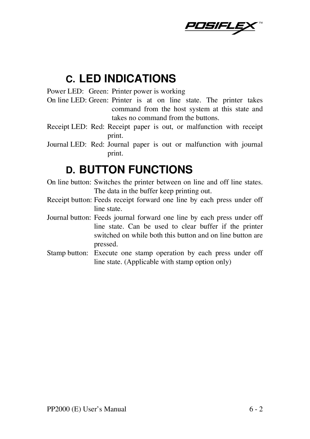 POSIFLEX Business Machines PP2000 manual LED Indications, Button Functions 