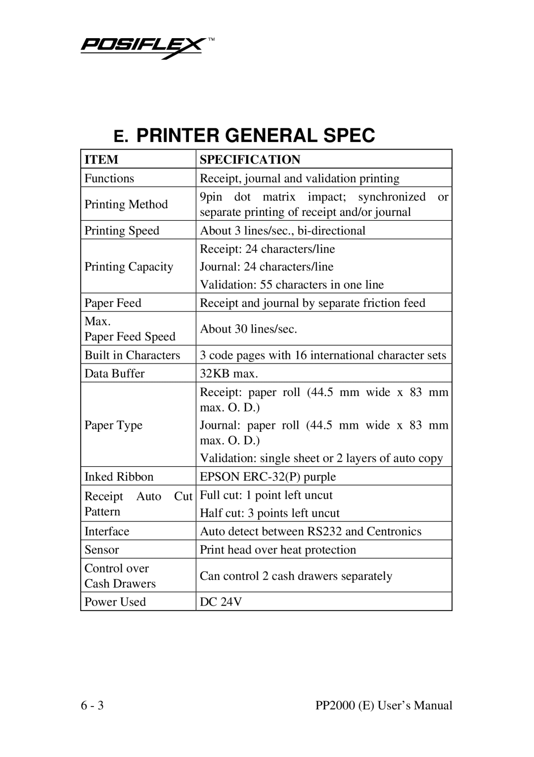 POSIFLEX Business Machines PP2000 manual Printer General Spec, Specification 