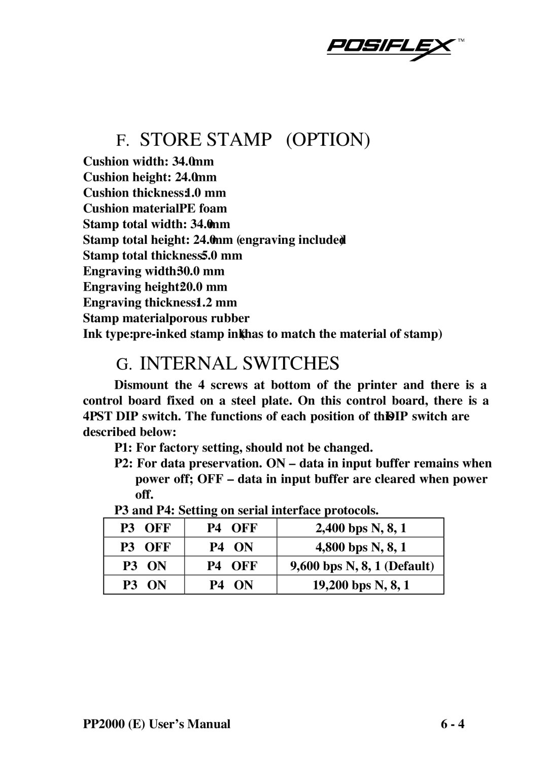 POSIFLEX Business Machines PP2000 manual Store Stamp Option, Internal Switches 