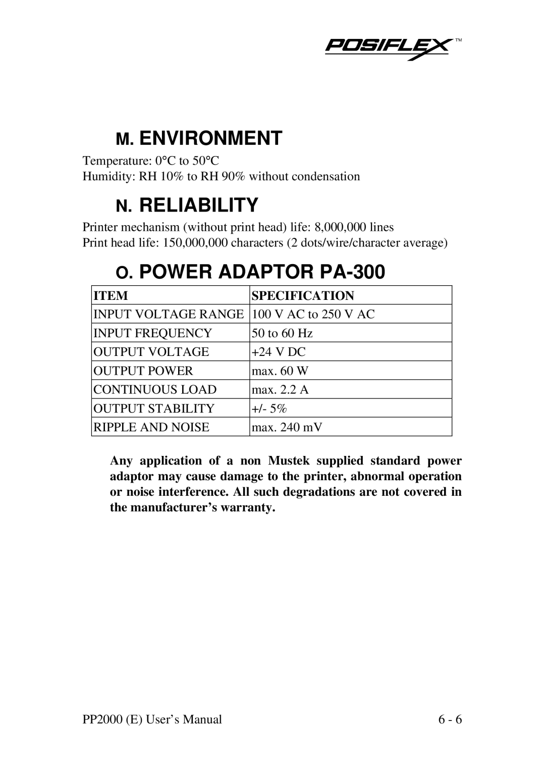 POSIFLEX Business Machines PP2000 manual Environment, Reliability, Power Adaptor PA-300 