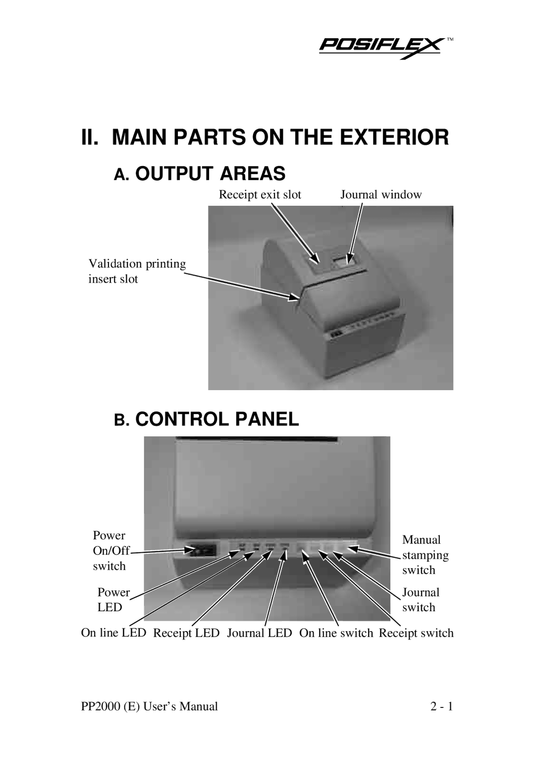 POSIFLEX Business Machines PP2000 manual II. Main Parts on the Exterior, Output Areas, Control Panel 