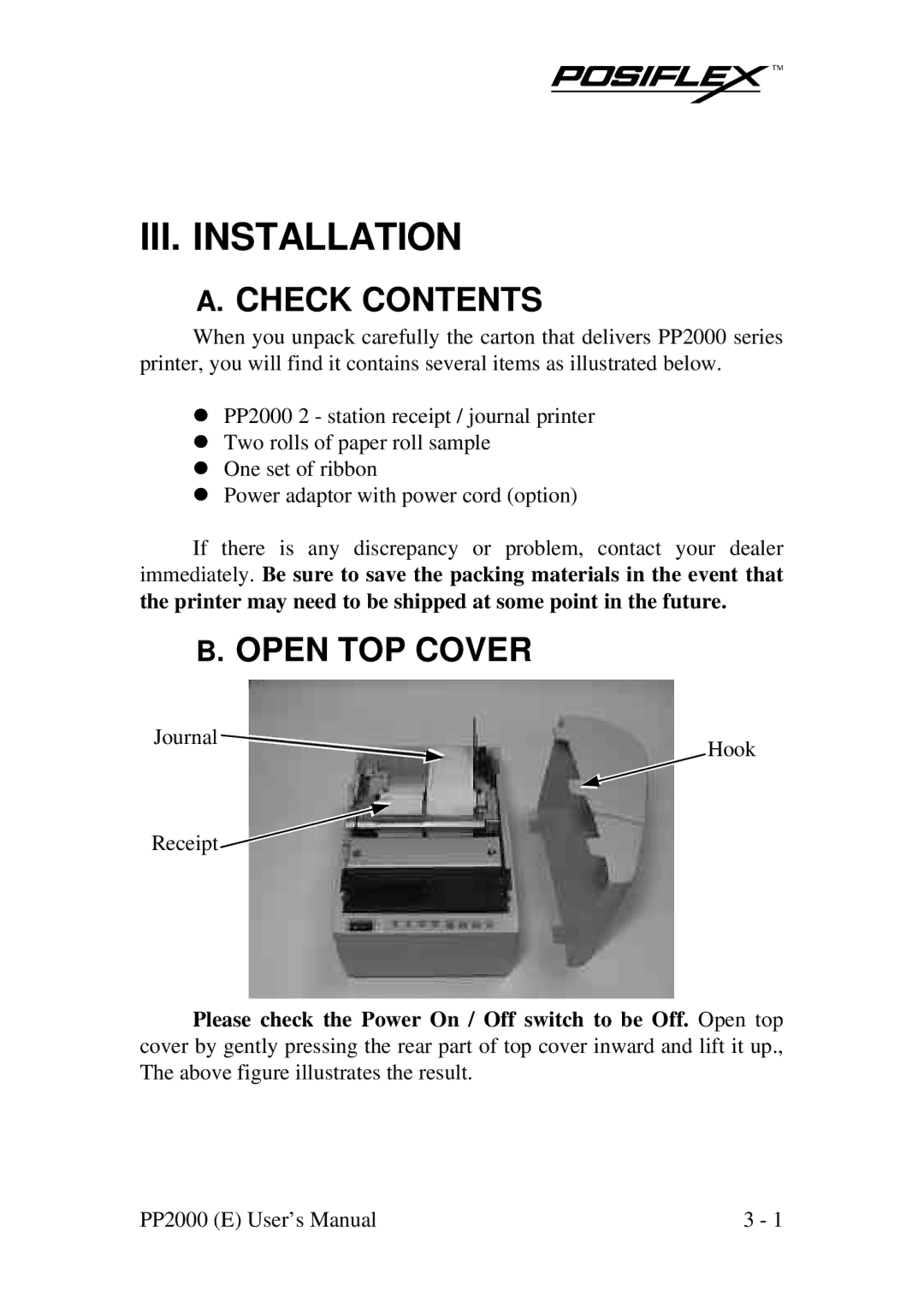 POSIFLEX Business Machines PP2000 manual III. Installation, Check Contents, Open TOP Cover 