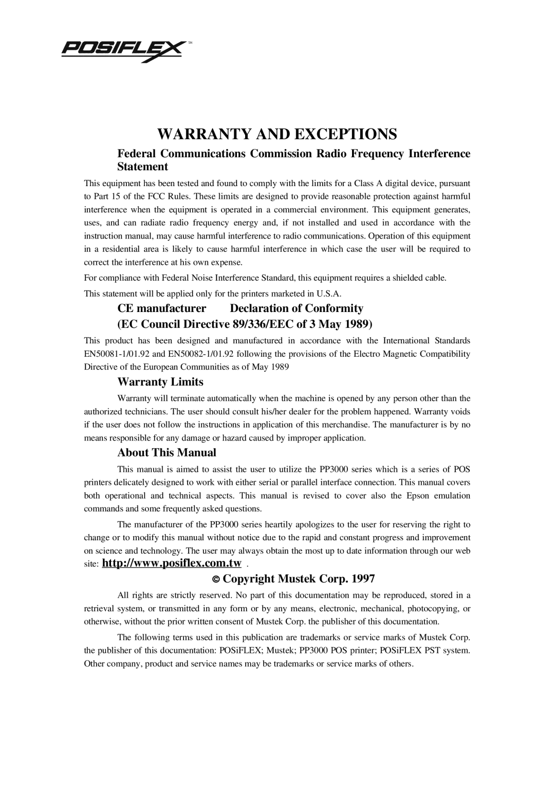 POSIFLEX Business Machines PP3000 manual CE manufacturer, EC Council Directive 89/336/EEC of 3 May, Warranty Limits 