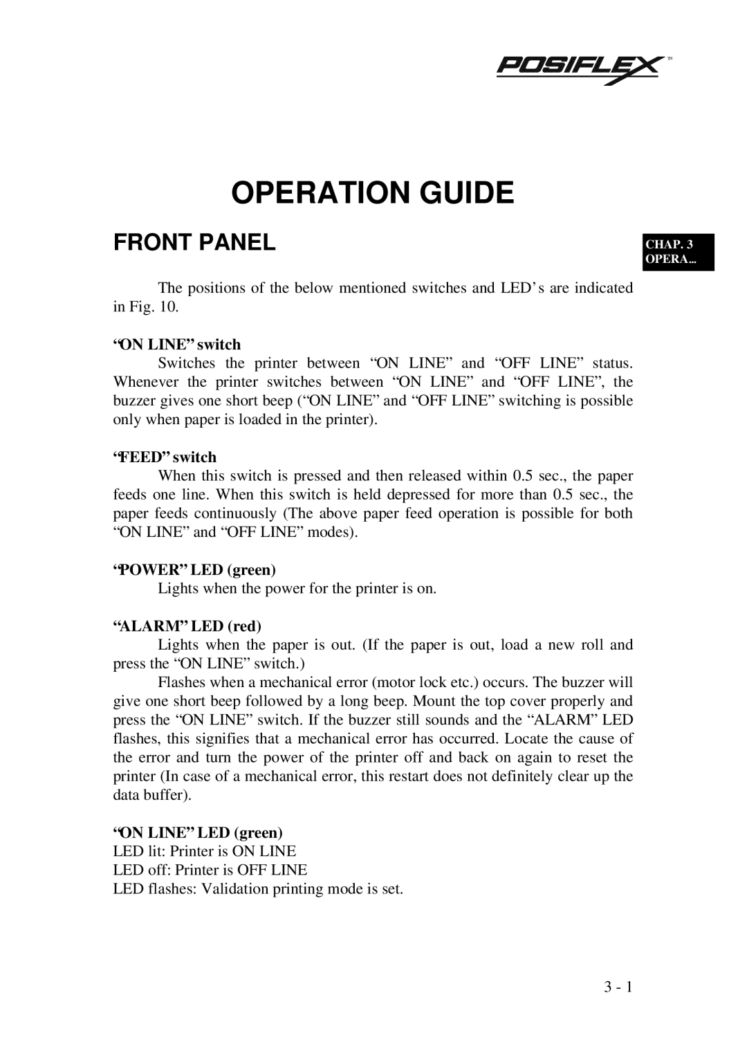 POSIFLEX Business Machines PP3000 manual Front Panel, On Line switch, Feed switch, Power LED green, Alarm LED red 