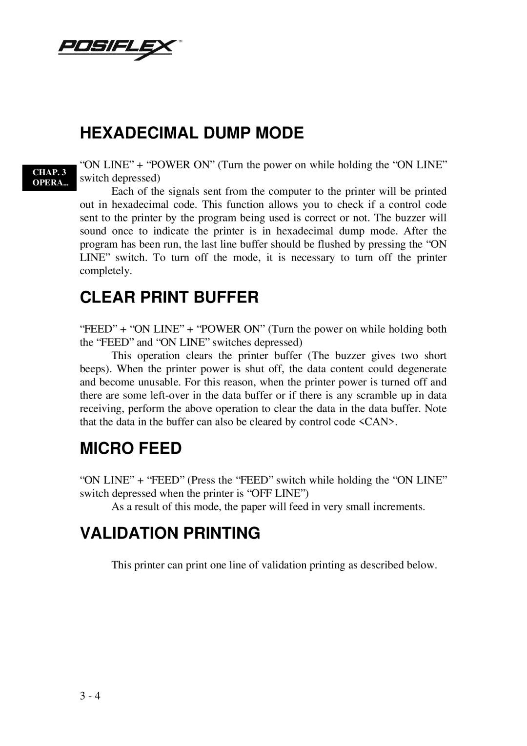 POSIFLEX Business Machines PP3000 manual Hexadecimal Dump Mode, Clear Print Buffer, Micro Feed, Validation Printing 