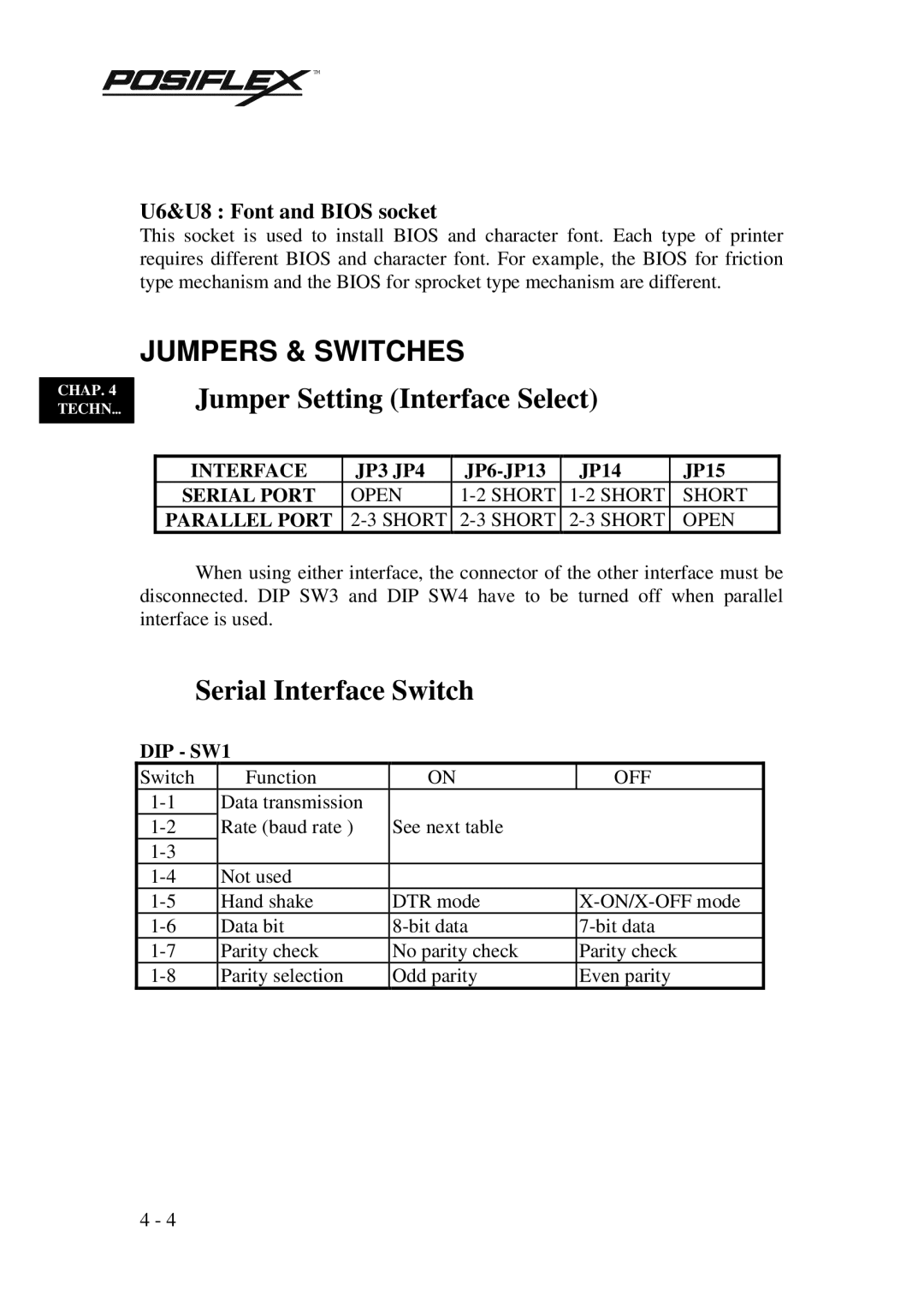 POSIFLEX Business Machines PP3000 manual Jumpers & Switches, Jumper Setting Interface Select, Serial Interface Switch 