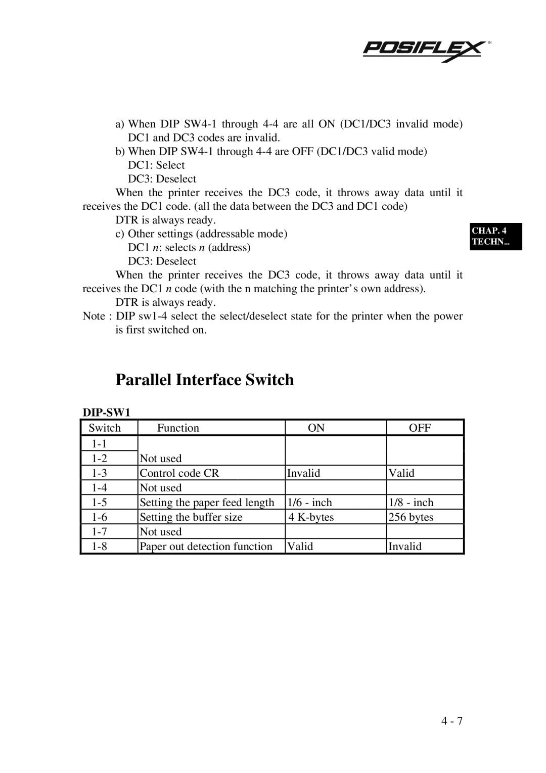 POSIFLEX Business Machines PP3000 manual Parallel Interface Switch, DIP-SW1 