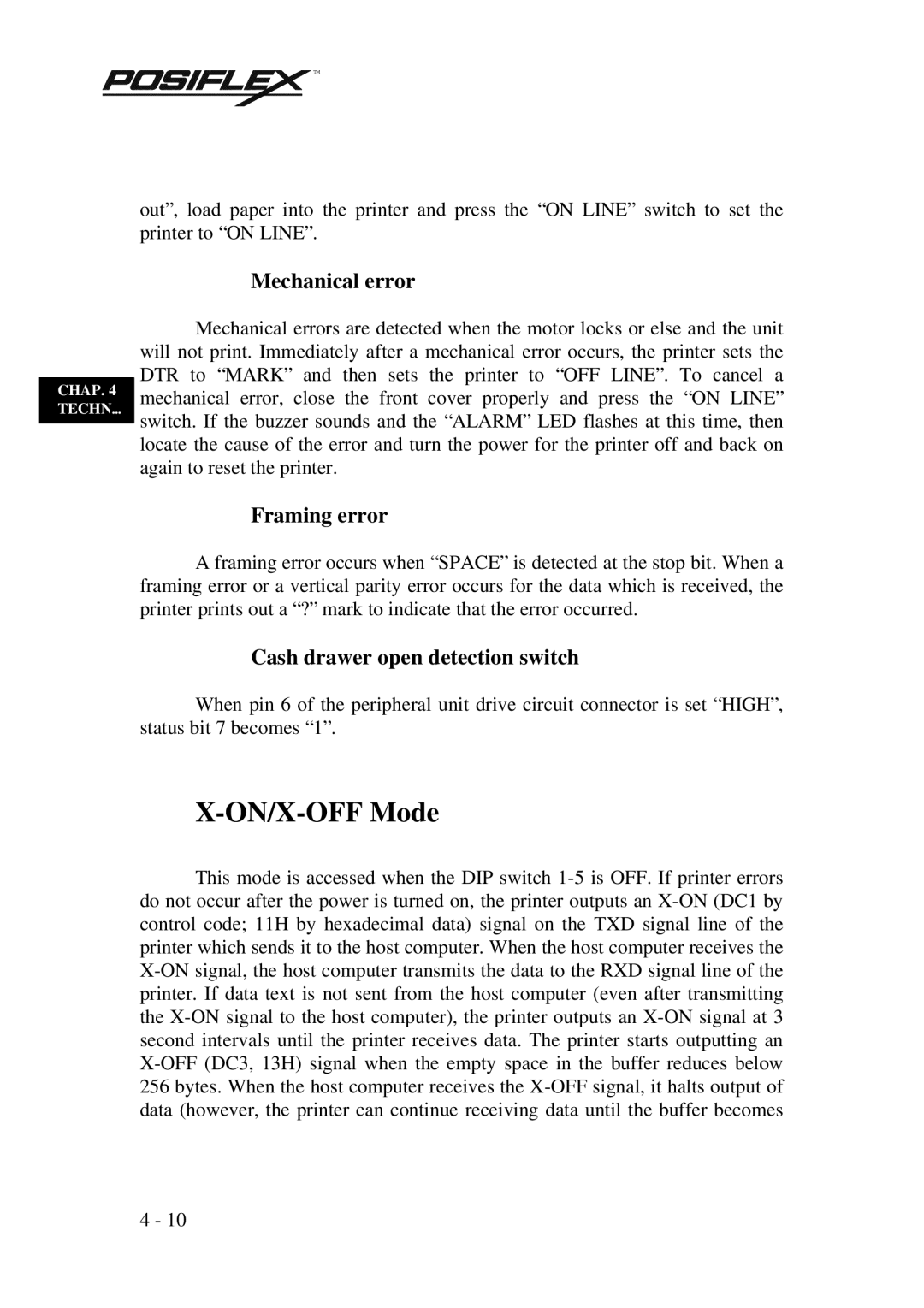 POSIFLEX Business Machines PP3000 manual ON/X-OFF Mode, Mechanical error 