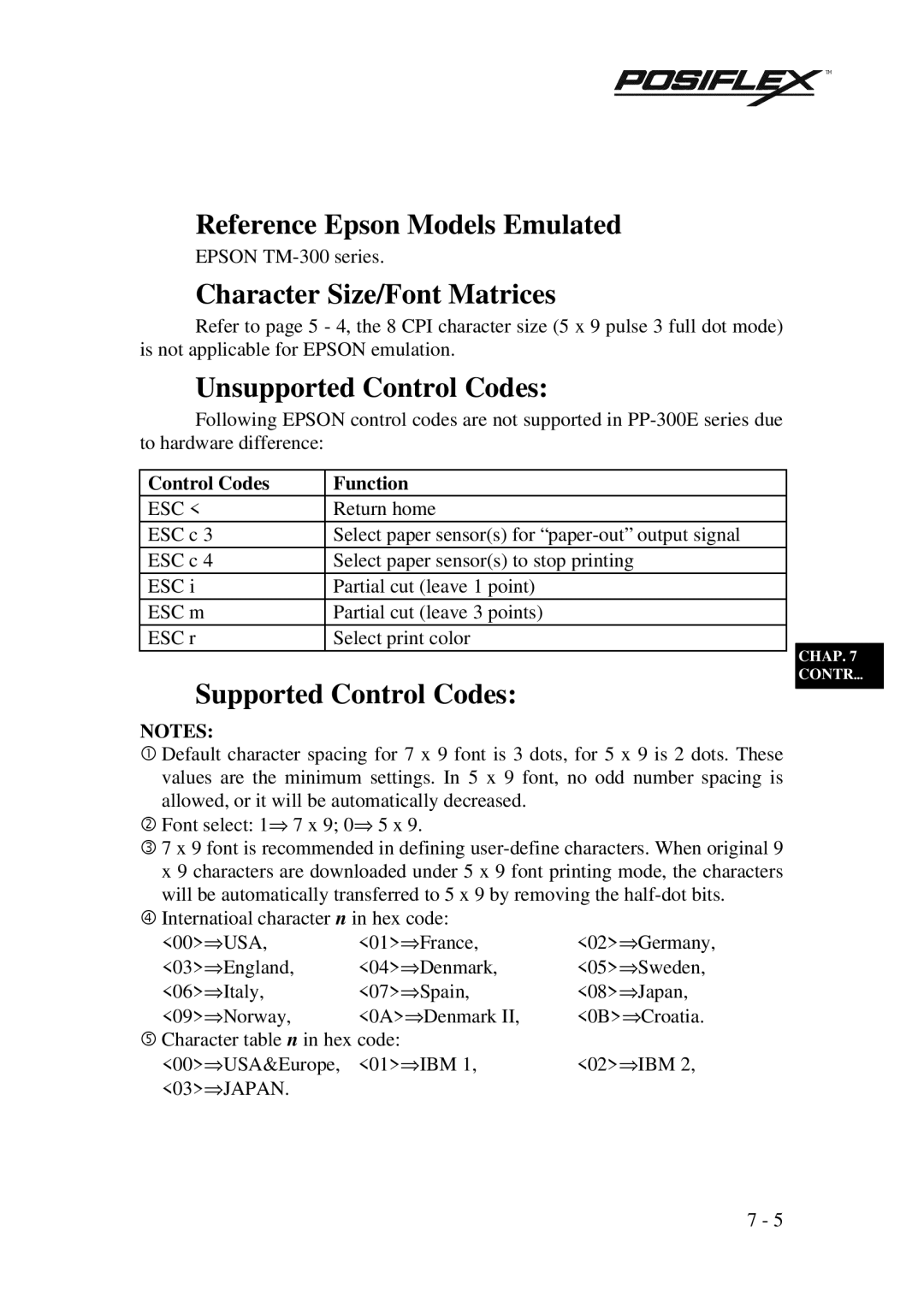 POSIFLEX Business Machines PP3000 Reference Epson Models Emulated, Character Size/Font Matrices, Unsupported Control Codes 