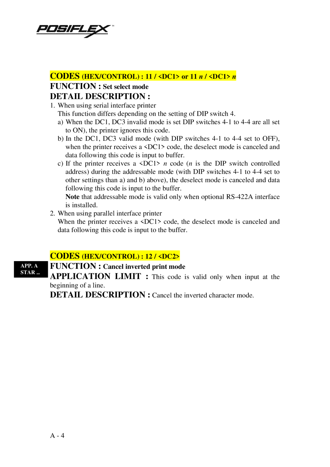 POSIFLEX Business Machines PP3000 manual Codes HEX/CONTROL 12 / DC2, Function Cancel inverted print mode 