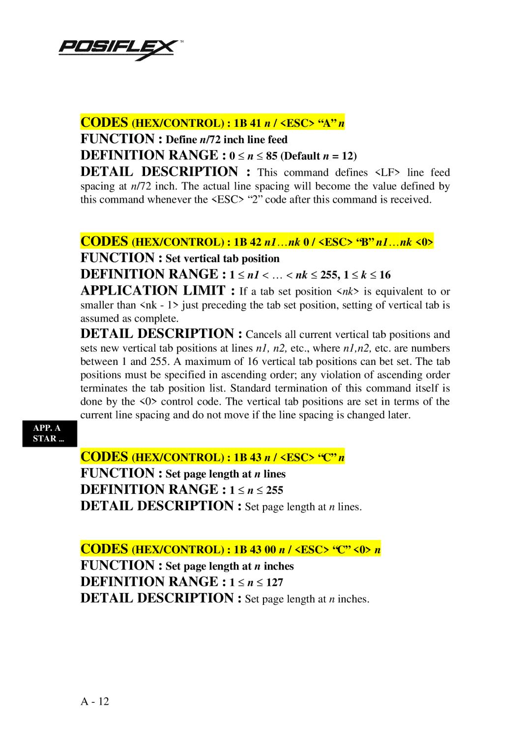 POSIFLEX Business Machines PP3000 Definition Range 0 ≤ n ≤ 85 Default n =, Definition Range 1 ≤ n1 … nk ≤ 255, 1 ≤ k ≤ 