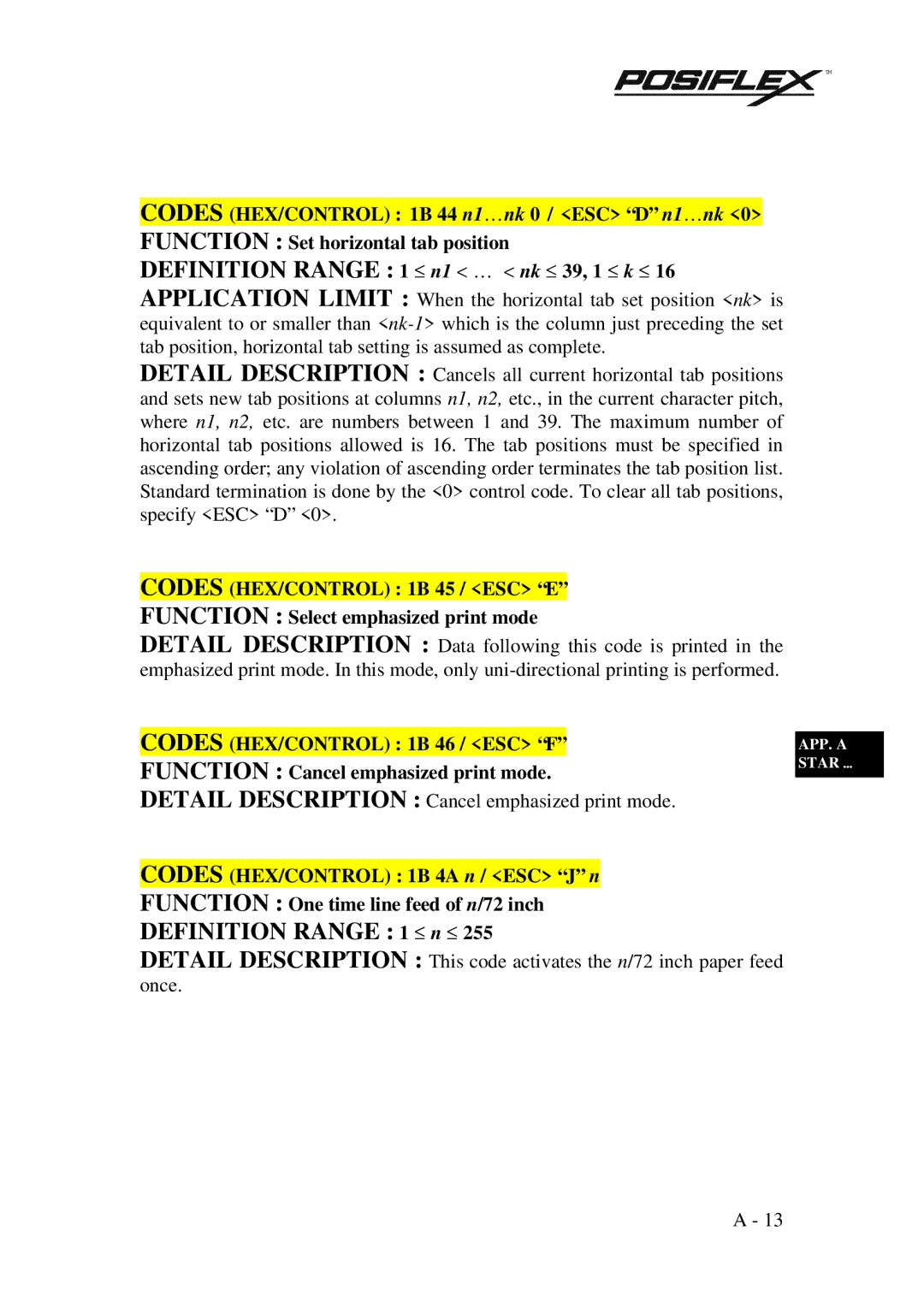 POSIFLEX Business Machines PP3000 manual Definition Range 1 ≤ n1 … nk ≤ 39, 1 ≤ k ≤, Codes HEX/CONTROL 1B 45 / ESC E 