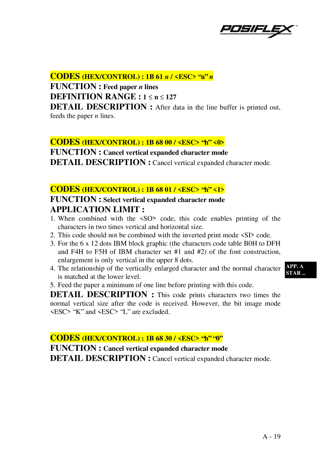 POSIFLEX Business Machines PP3000 manual Detail Description Cancel vertical expanded character mode 