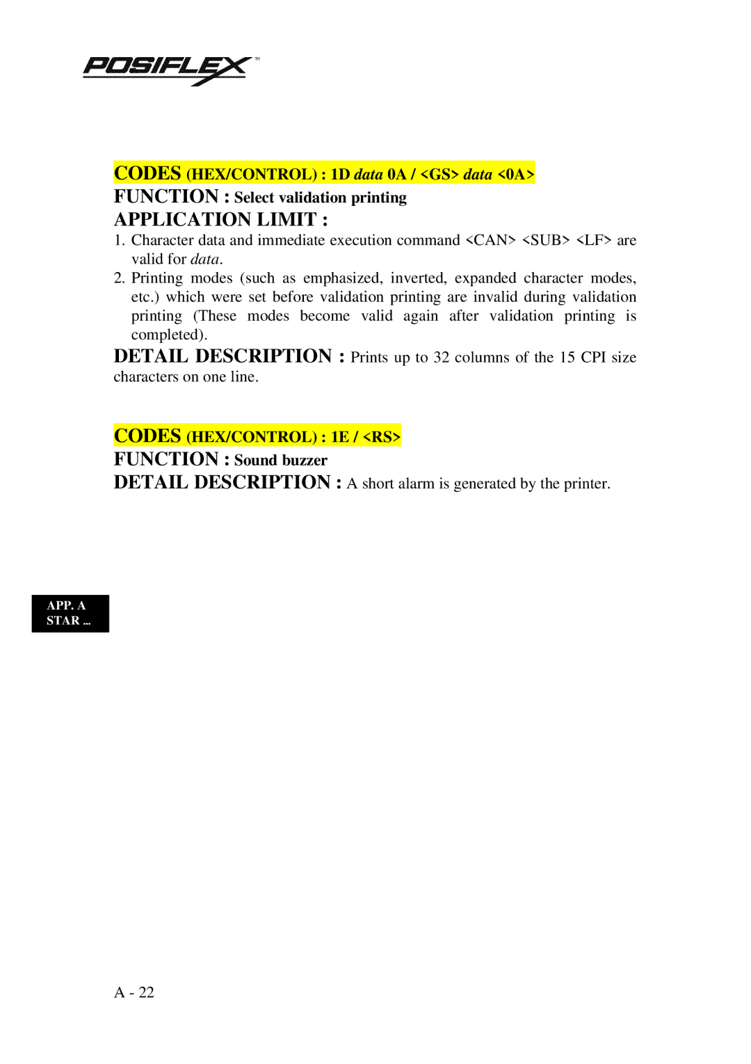 POSIFLEX Business Machines PP3000 manual Codes HEX/CONTROL 1E / RS, Function Sound buzzer 