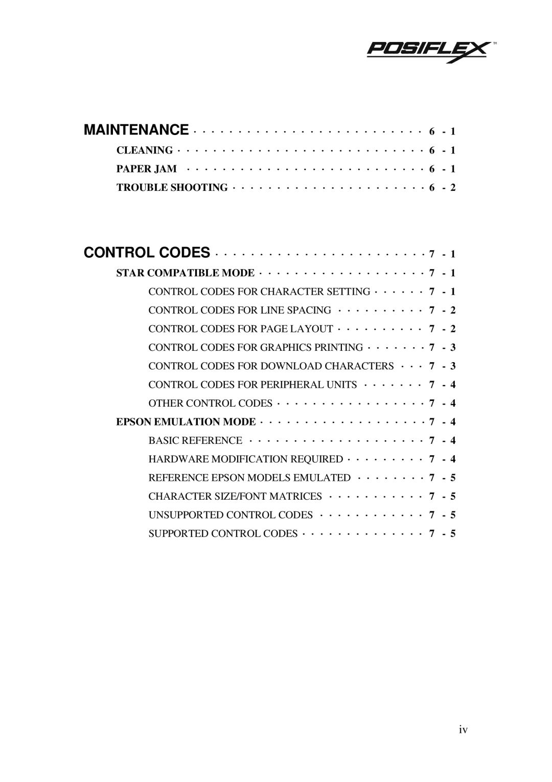 POSIFLEX Business Machines PP3000 manual Other Control Codes · · · · · · · · · · · · · · · · · 7 