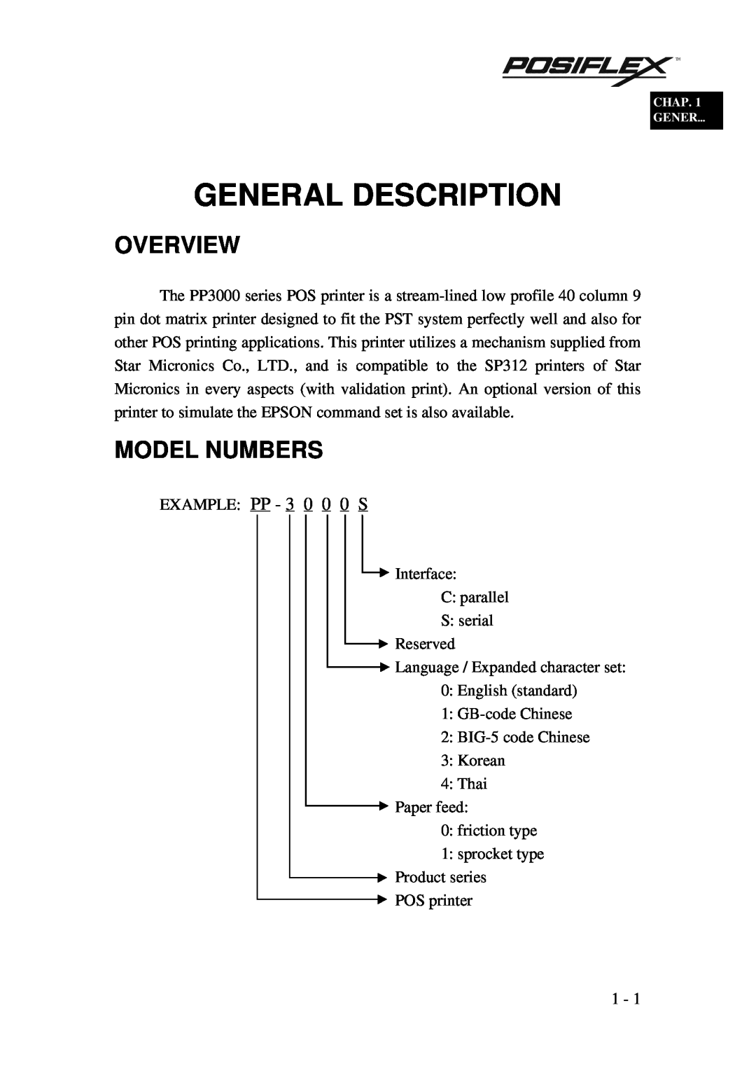 POSIFLEX Business Machines PP3000 manual General Description, Overview, Model Numbers, EXAMPLE PP - 3 0 0 0 S, Chap Gener… 