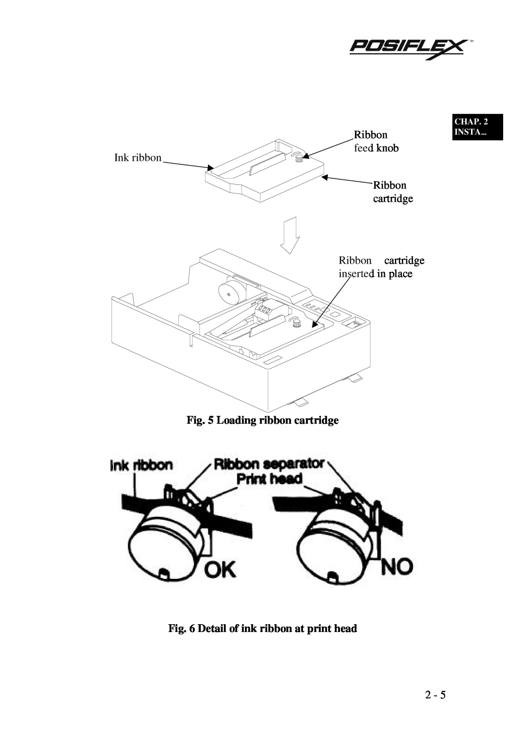 POSIFLEX Business Machines PP3000 manual Loading ribbon cartridge, Detail of ink ribbon at print head, Chap Insta… 