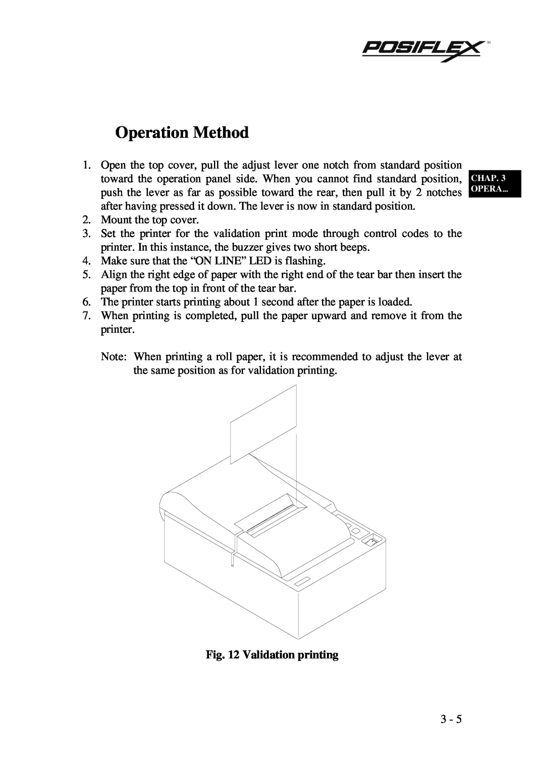 POSIFLEX Business Machines PP3000 manual Operation Method, Validation printing 