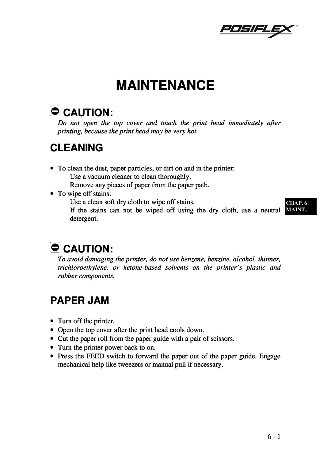 POSIFLEX Business Machines PP3000 manual Maintenance, Cleaning, Paper Jam 