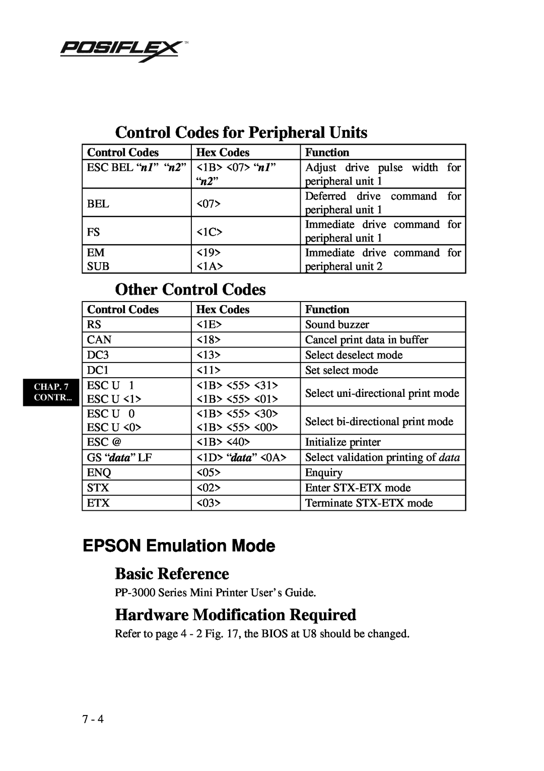POSIFLEX Business Machines PP3000 Control Codes for Peripheral Units, Other Control Codes, EPSON Emulation Mode, Hex Codes 