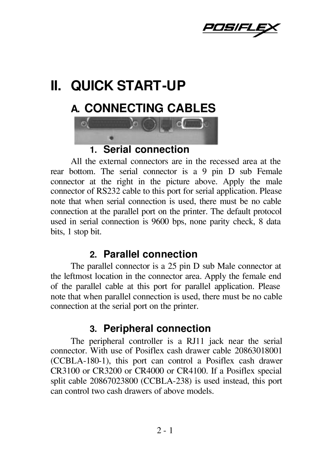 POSIFLEX Business Machines PP5600 SERIES Connecting Cables, Serial connection, Parallel connection, Peripheral connection 