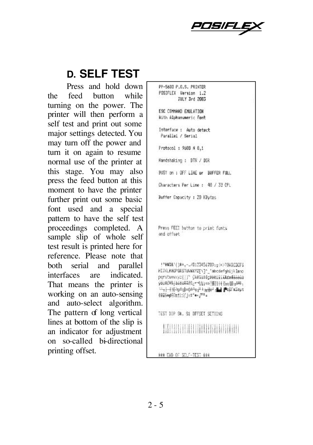 POSIFLEX Business Machines PP5600 SERIES user manual Self Test 