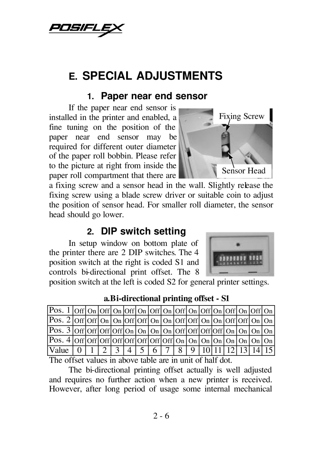 POSIFLEX Business Machines PP5600 SERIES user manual Special Adjustments, Paper near end sensor, DIP switch setting 