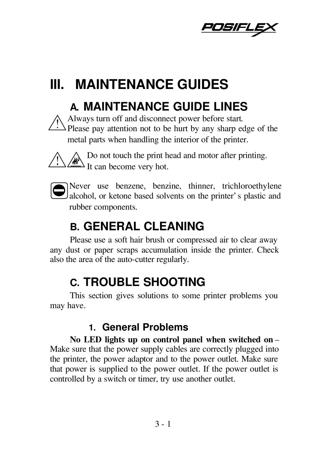 POSIFLEX Business Machines PP5600 SERIES Maintenance Guide Lines, General Cleaning, Trouble Shooting, General Problems 