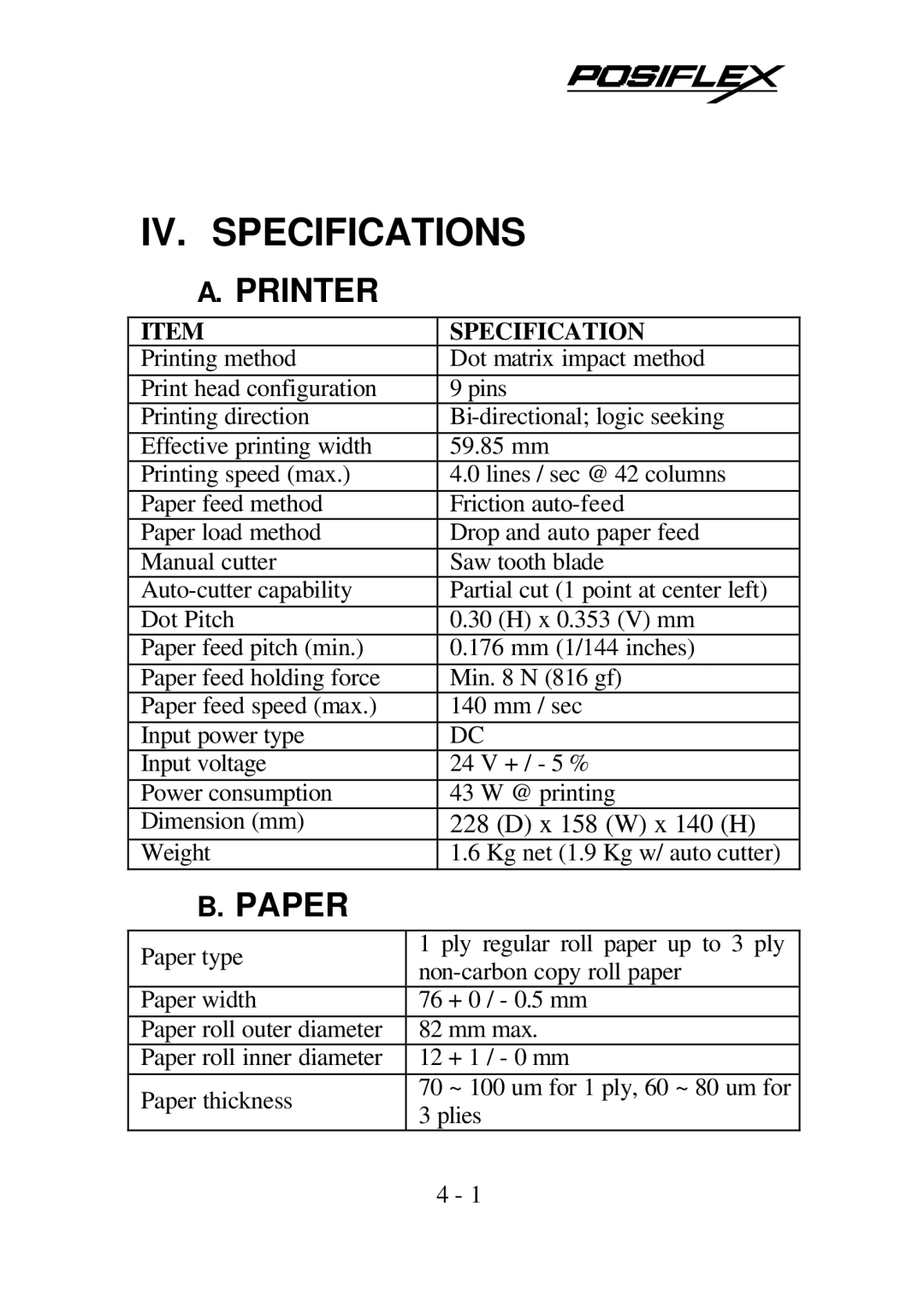 POSIFLEX Business Machines PP5600 SERIES user manual Printer, Paper 