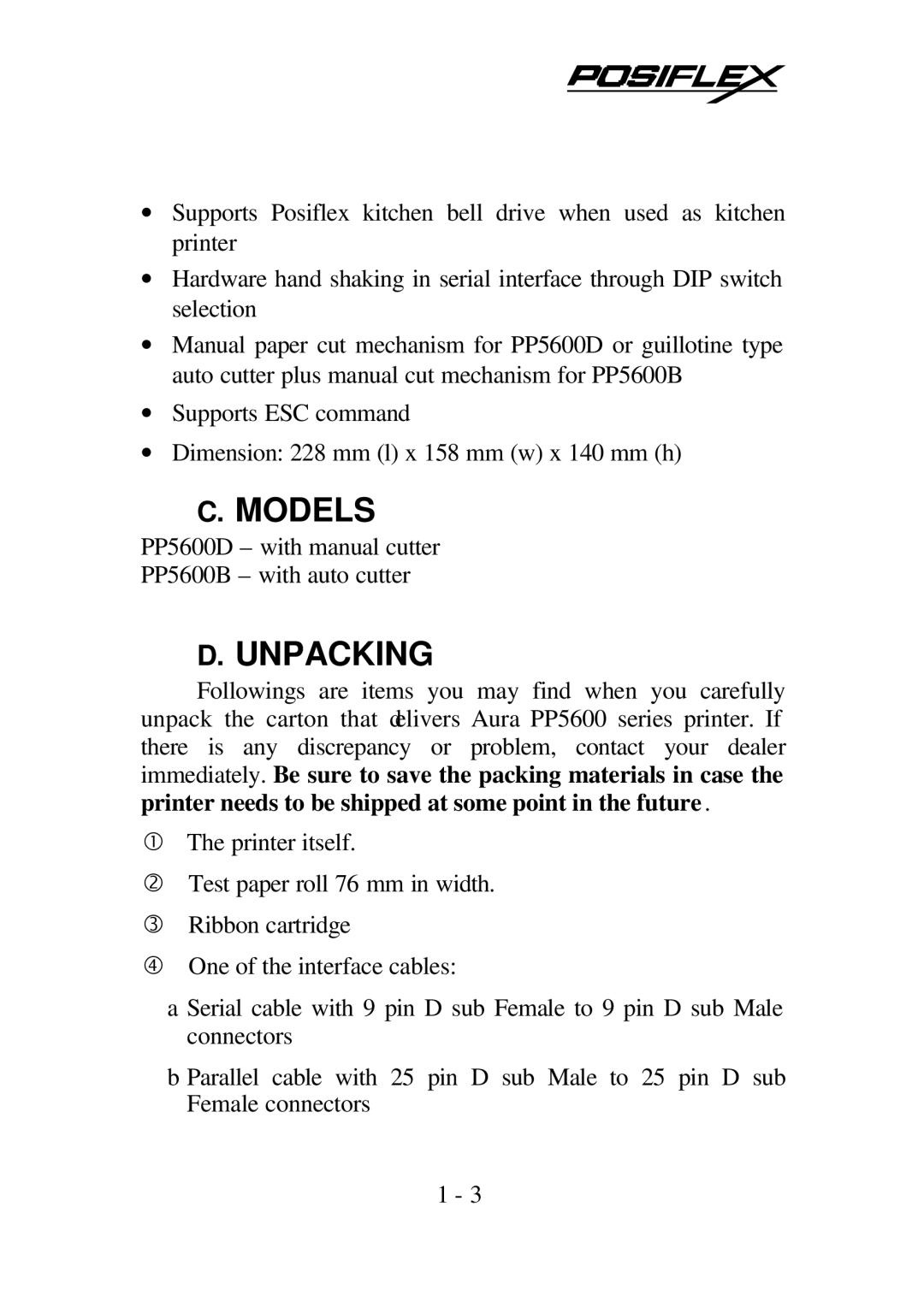 POSIFLEX Business Machines PP5600 SERIES user manual Models, Unpacking 