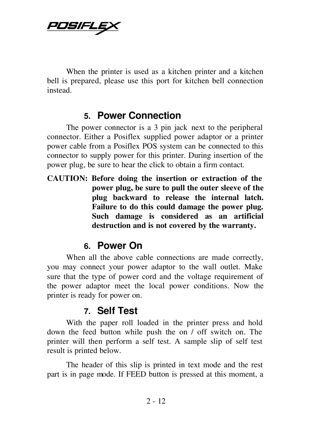 POSIFLEX Business Machines PP7700 Series warranty Power Connection, Power On, Self Test 