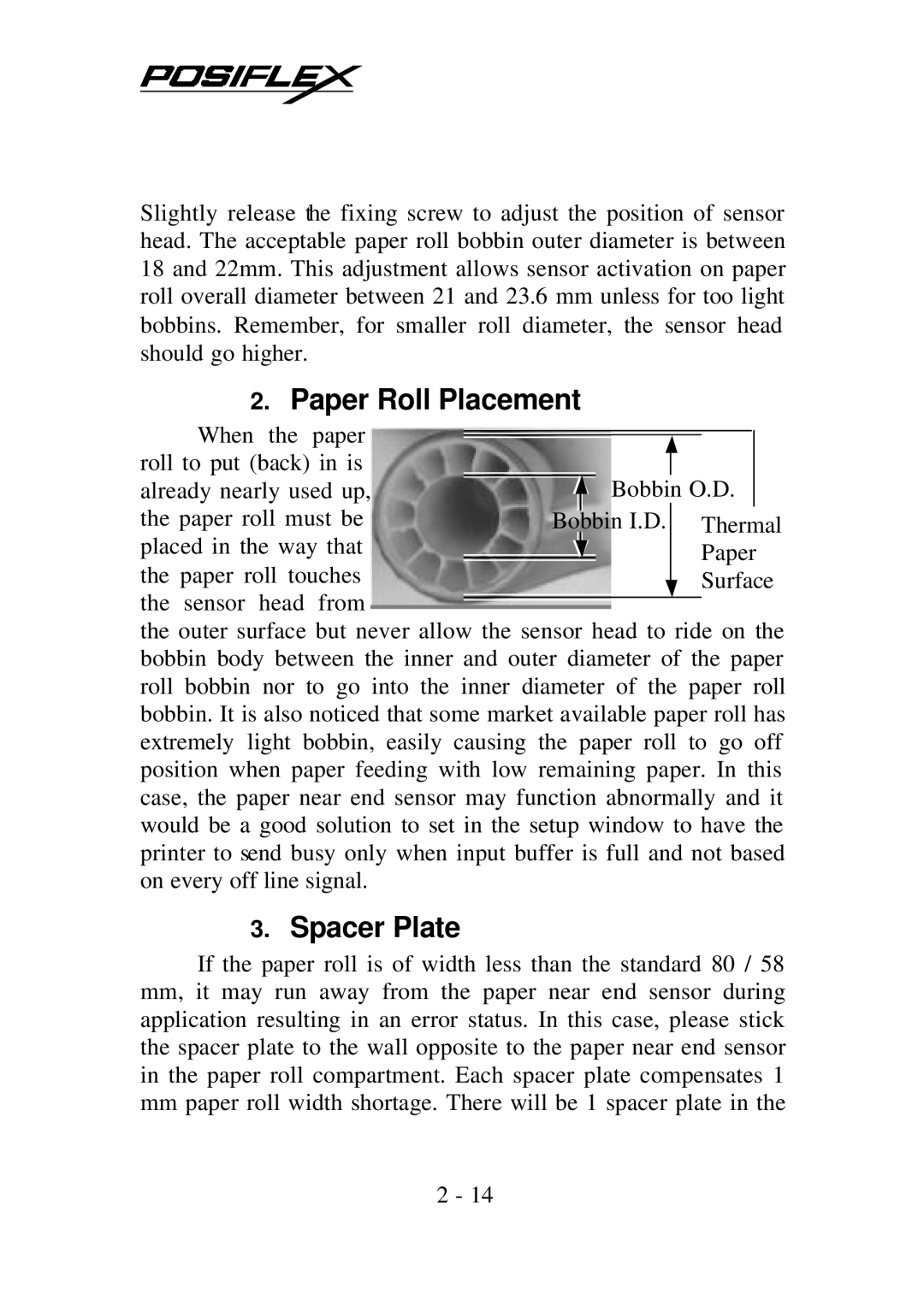 POSIFLEX Business Machines PP7700 Series warranty Paper Roll Placement, Spacer Plate 