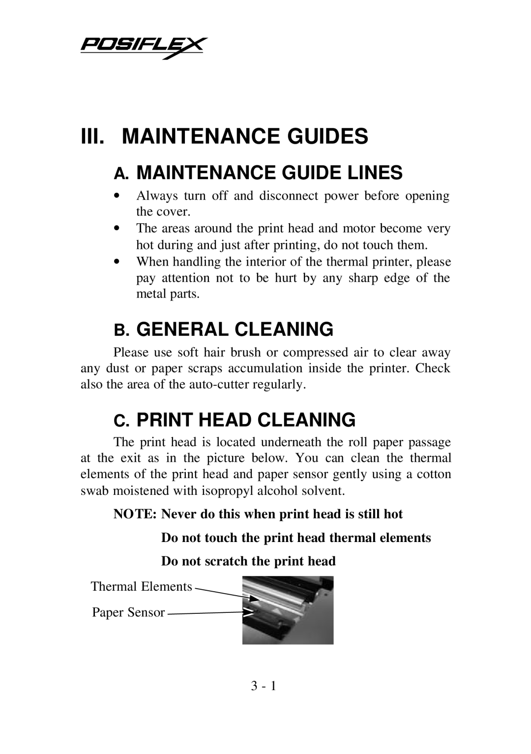 POSIFLEX Business Machines PP7700 Series warranty Maintenance Guide Lines, General Cleaning, Print Head Cleaning 