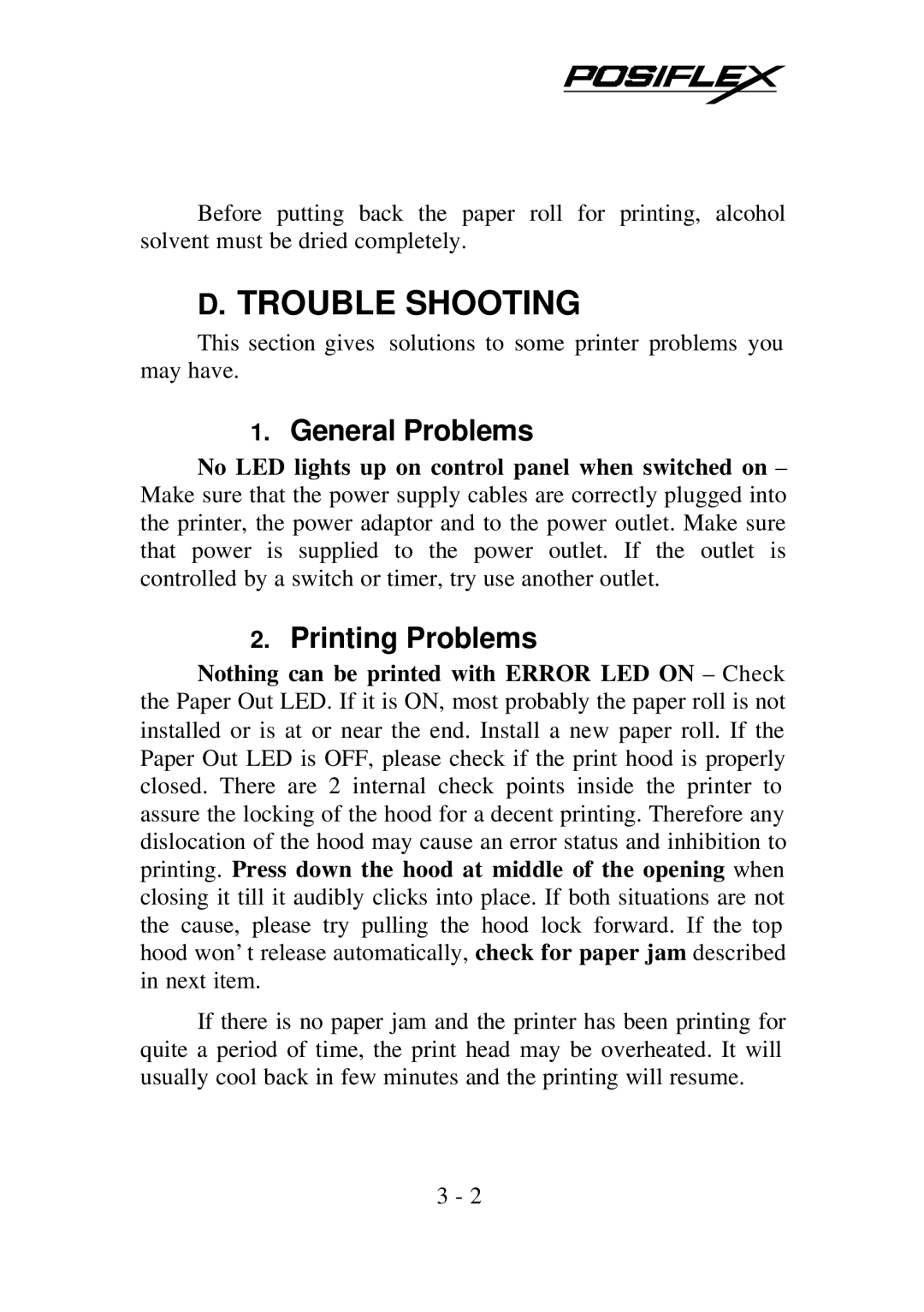 POSIFLEX Business Machines PP7700 Series warranty Trouble Shooting, General Problems, Printing Problems 