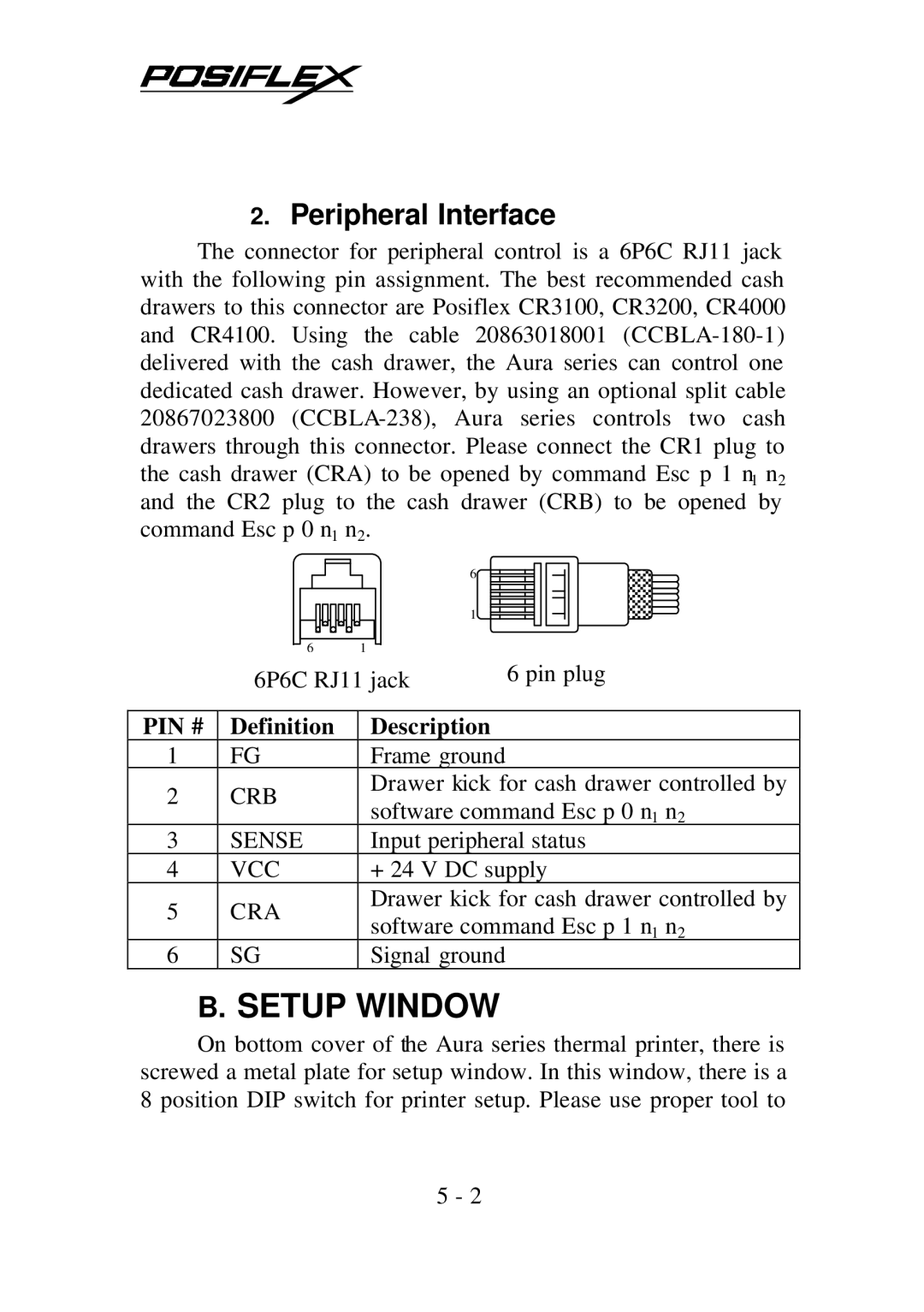 POSIFLEX Business Machines PP7700 Series warranty Setup Window, Peripheral Interface, Pin #, Definition Description 