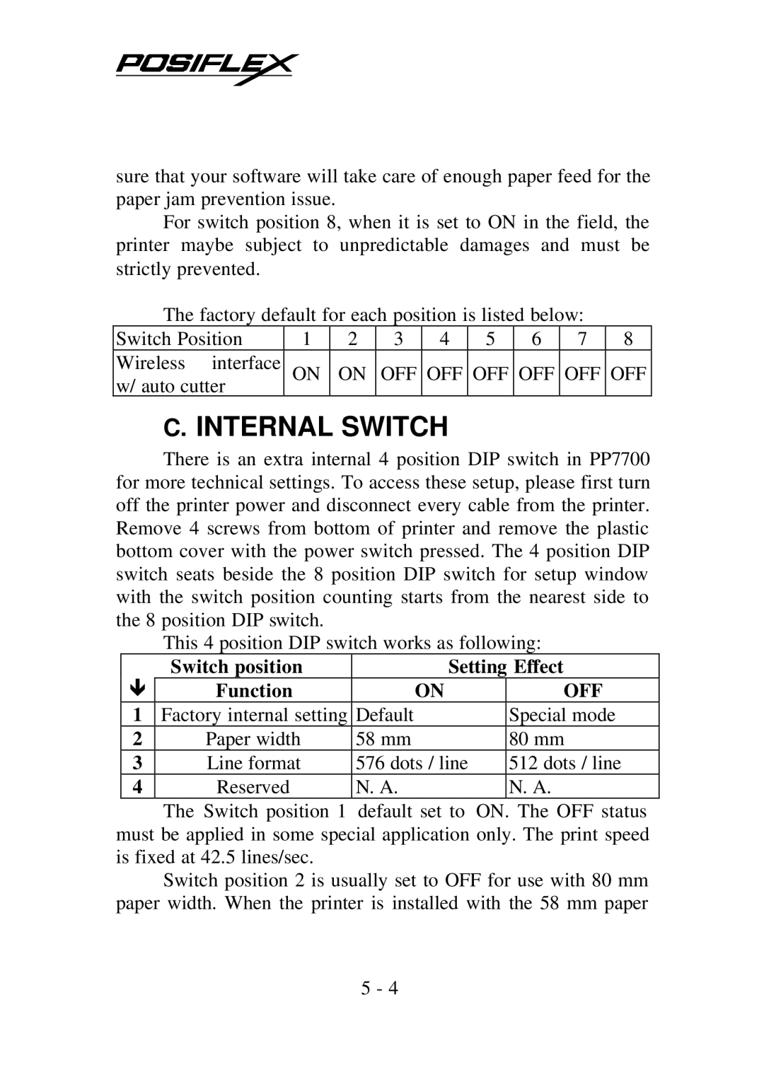 POSIFLEX Business Machines PP7700 Series warranty Internal Switch, Switch position Setting Effect Function 