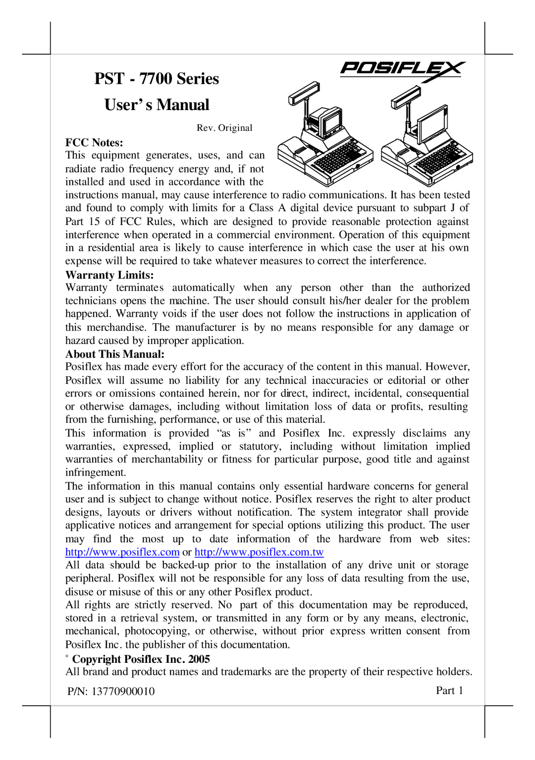 POSIFLEX Business Machines PST - 7700 user manual PST 7700 Series User’s Manual 