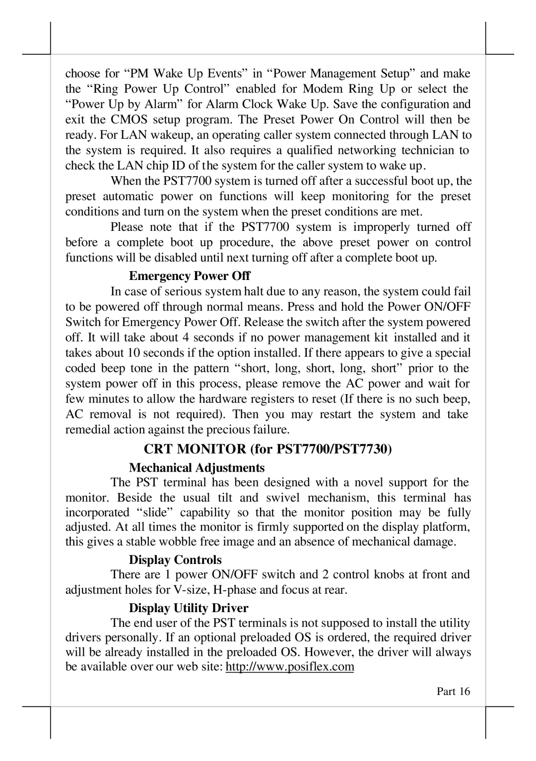 POSIFLEX Business Machines PST - 7700 Emergency Power Off, CRT Monitor for PST7700/PST7730 Mechanical Adjustments 