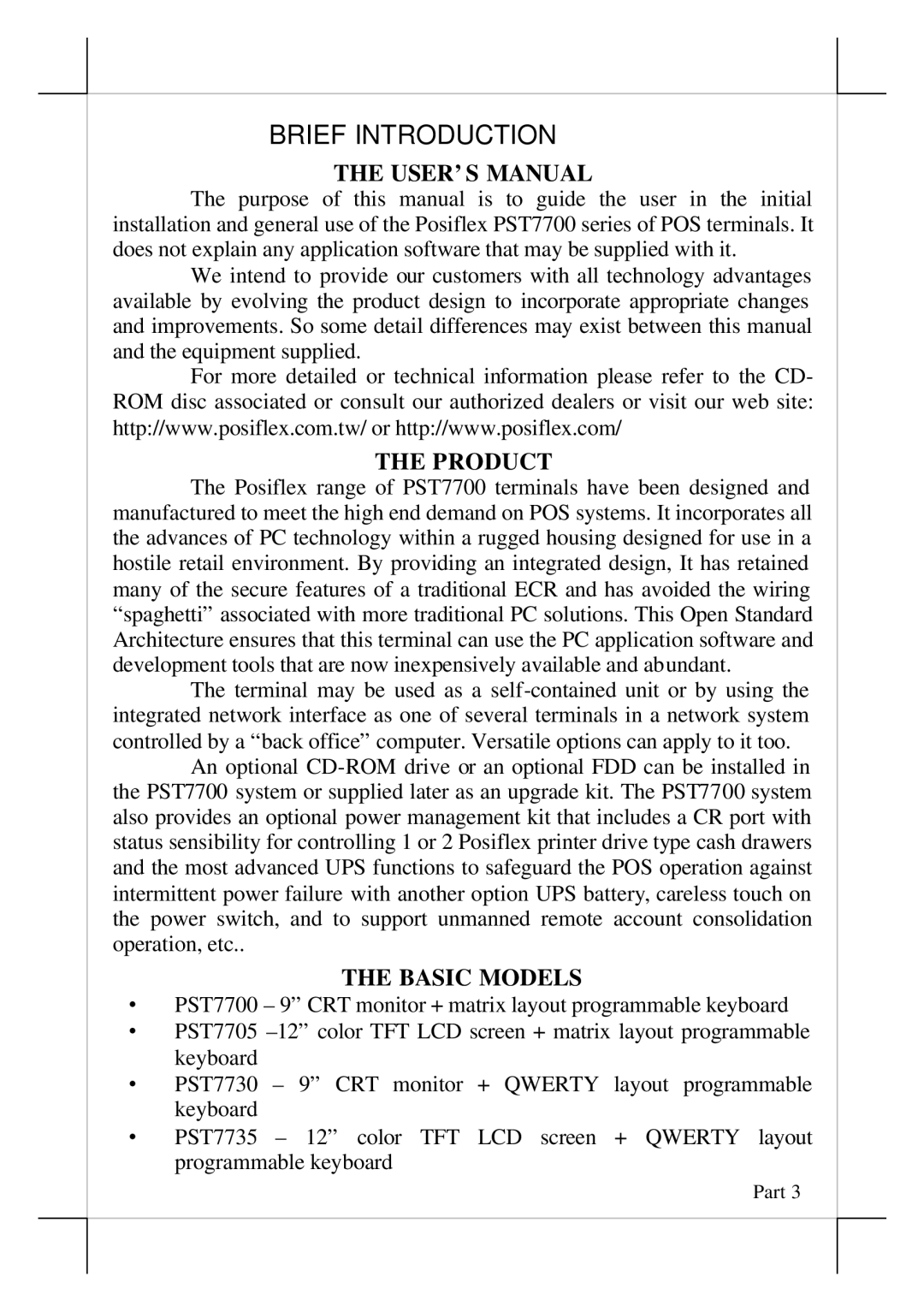 POSIFLEX Business Machines PST - 7700 user manual USER’S Manual, Product, Basic Models 