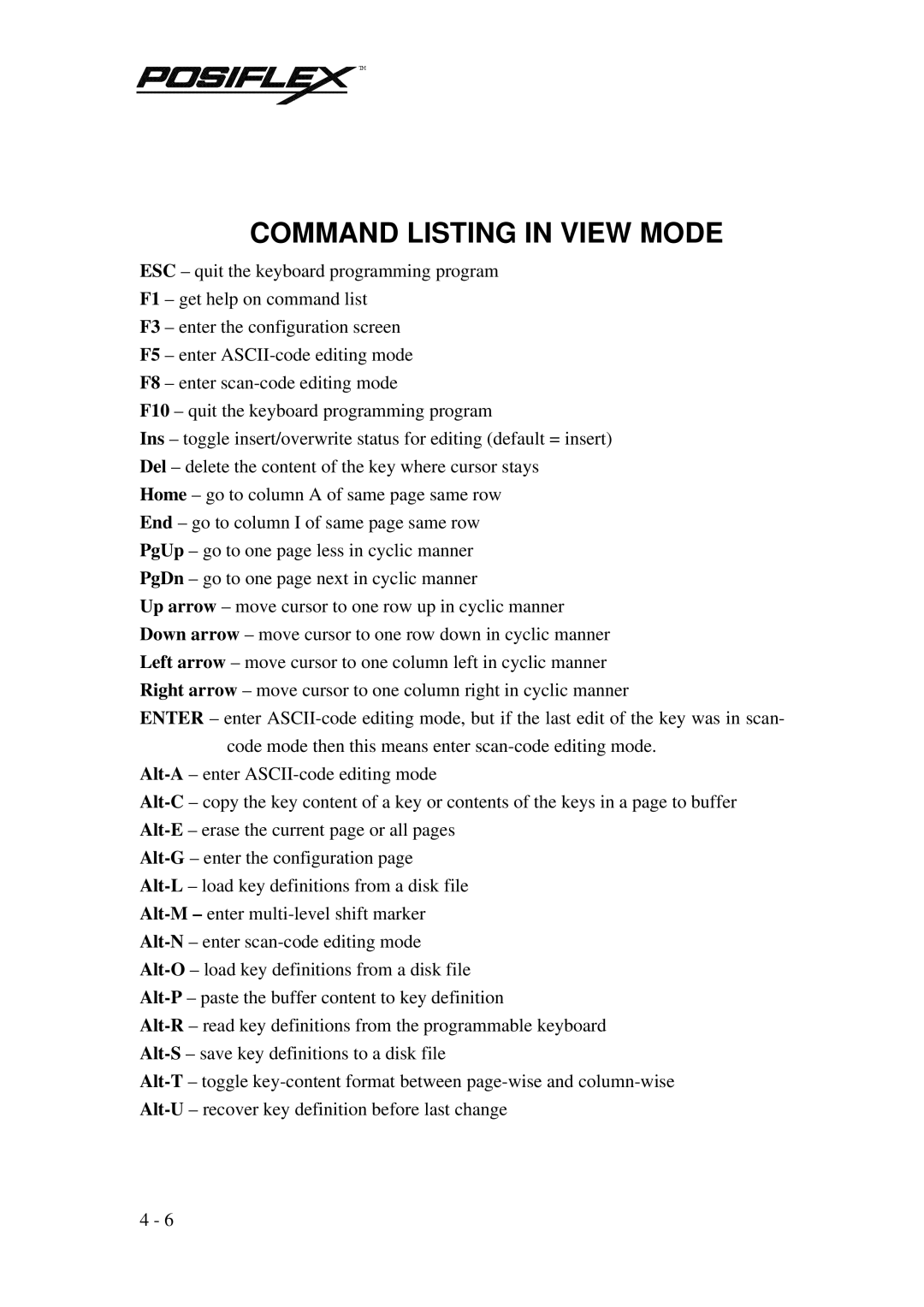 POSIFLEX Business Machines PST KB136 manual Command Listing in View Mode 