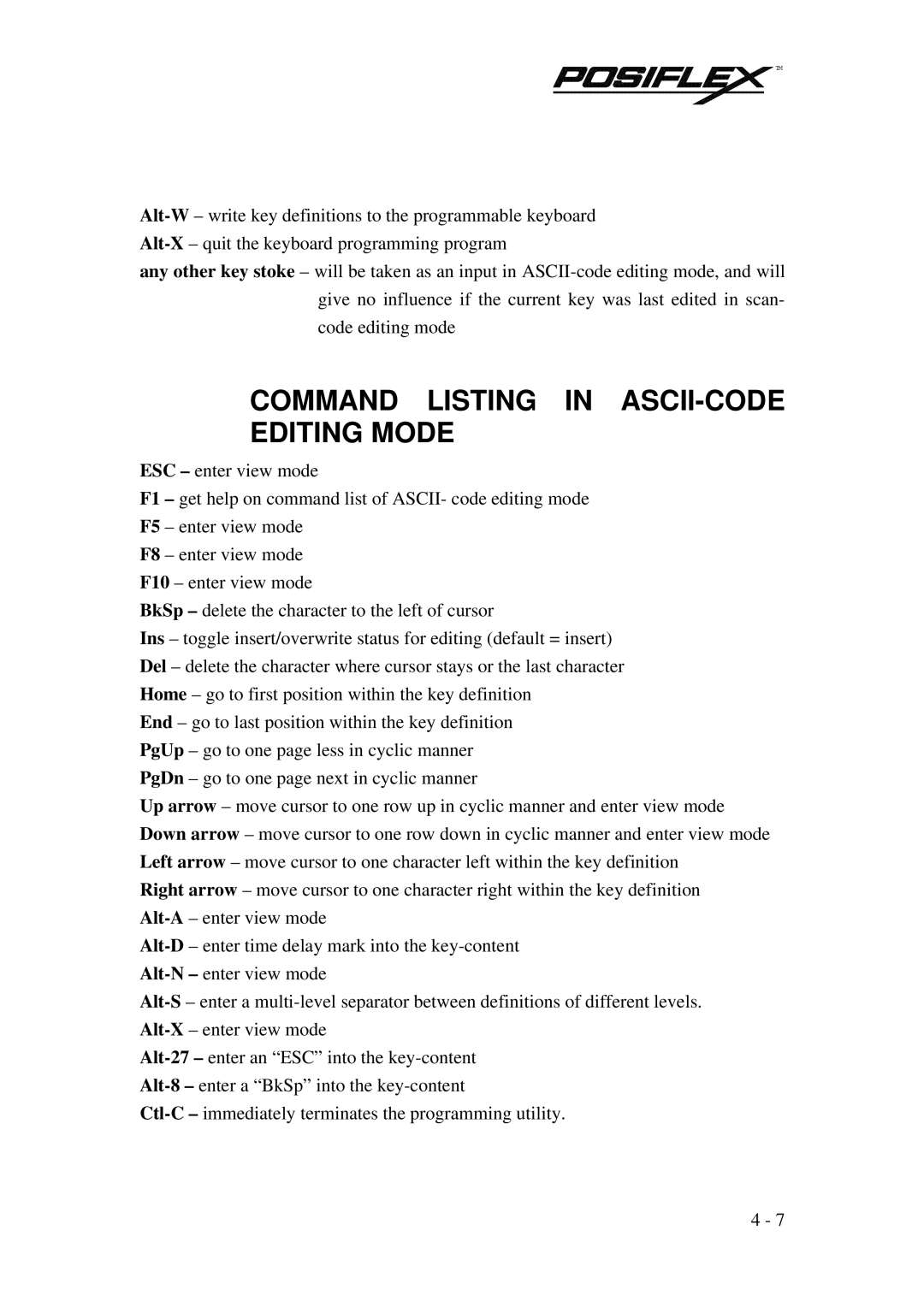 POSIFLEX Business Machines PST KB136 manual Command Listing in ASCII-CODE Editing Mode 