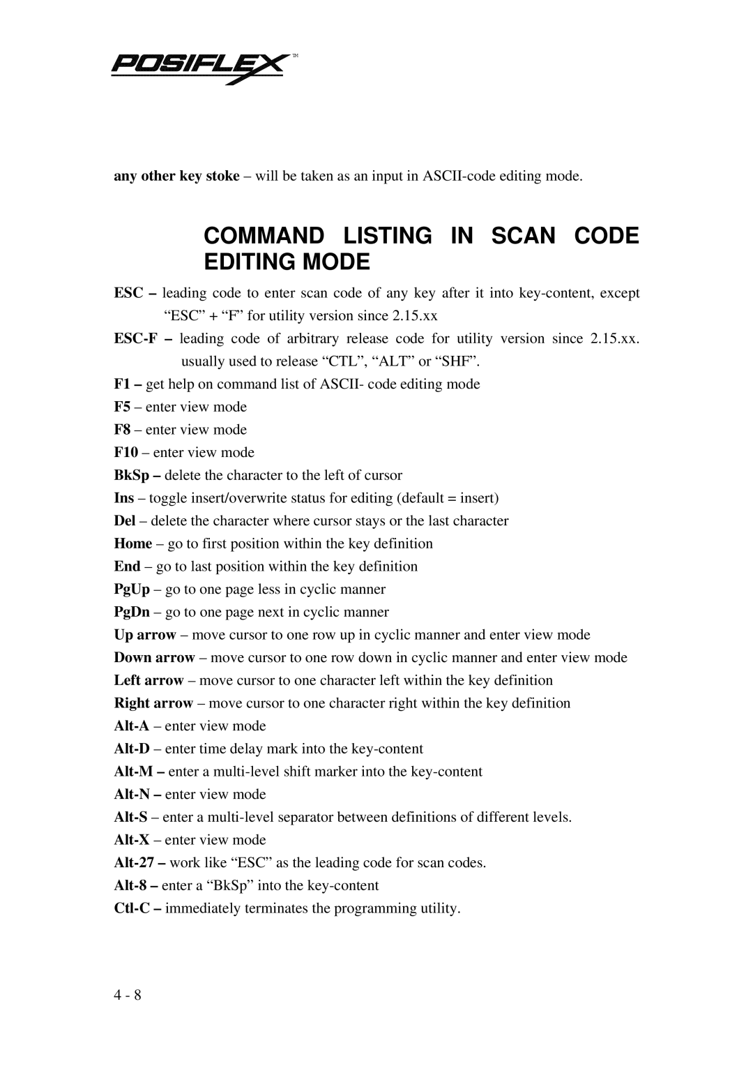 POSIFLEX Business Machines PST KB136 manual Command Listing in Scan Code Editing Mode 