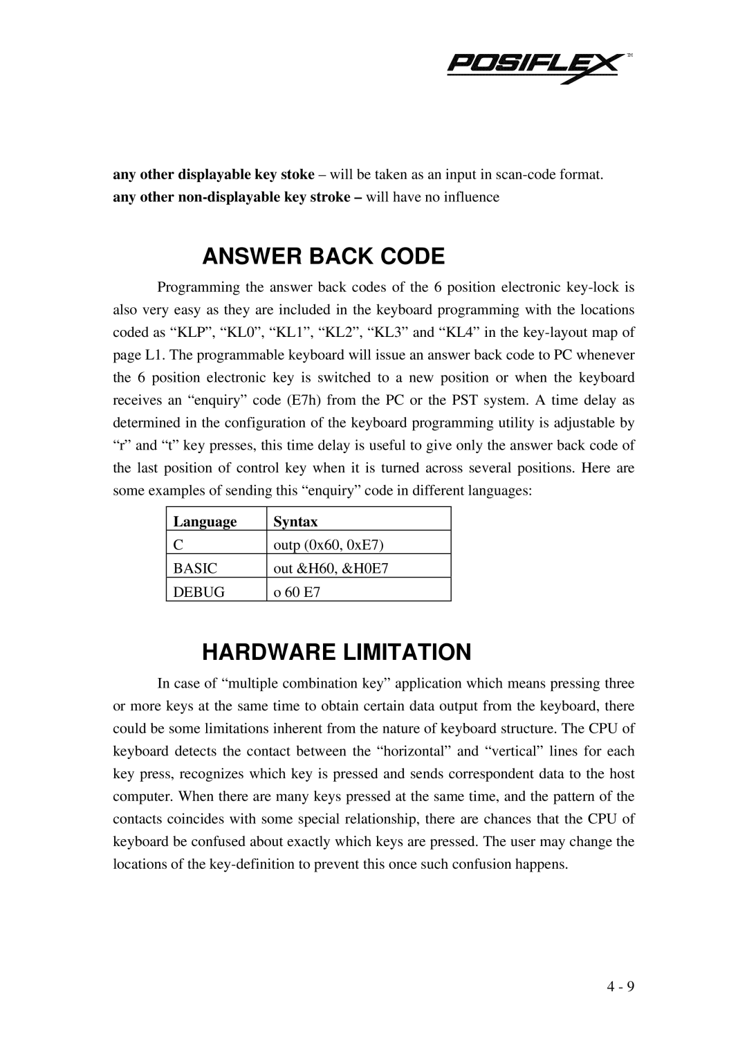 POSIFLEX Business Machines PST KB136 manual Answer Back Code, Hardware Limitation 