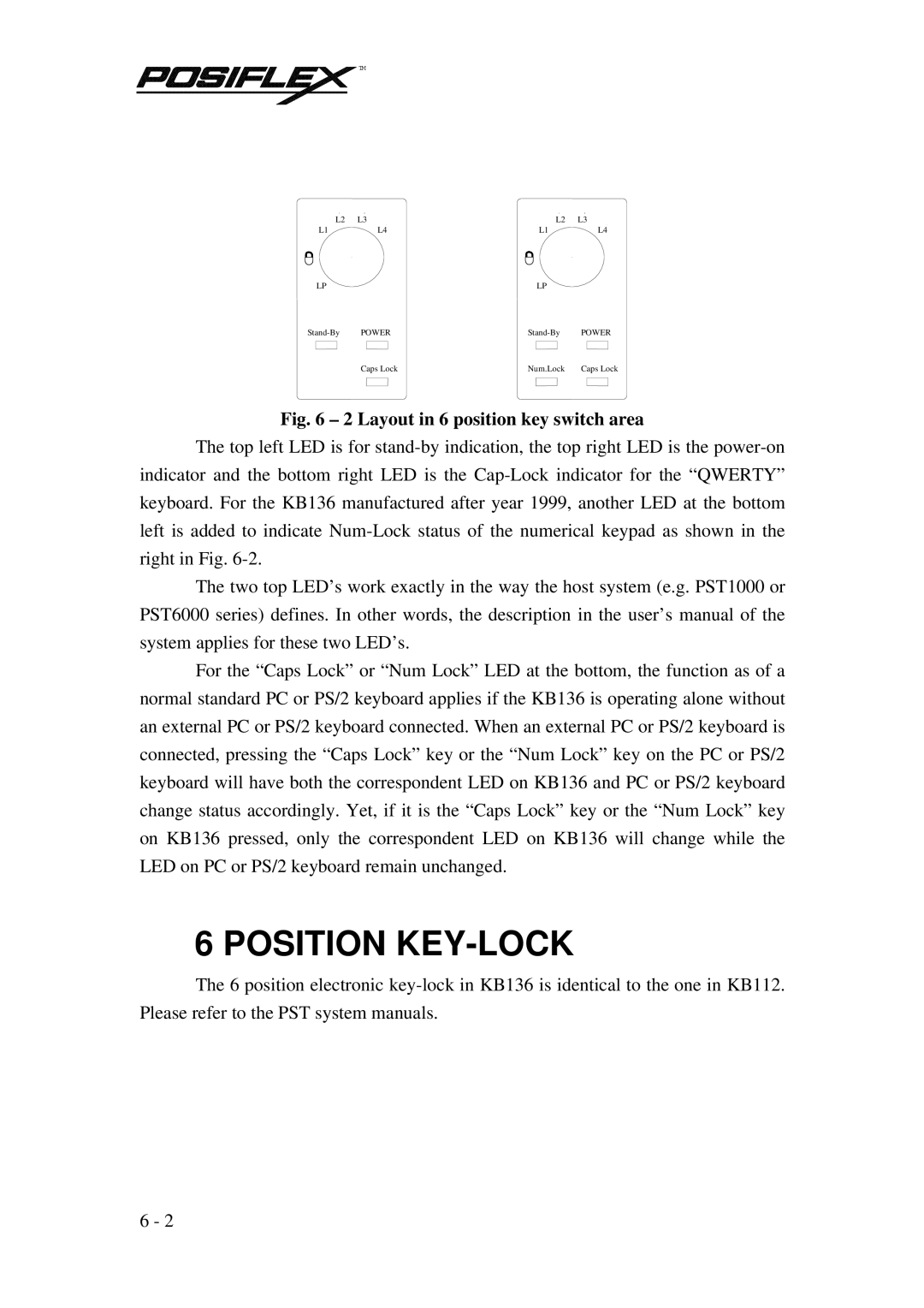 POSIFLEX Business Machines PST KB136 manual Position KEY-LOCK, Layout in 6 position key switch area 