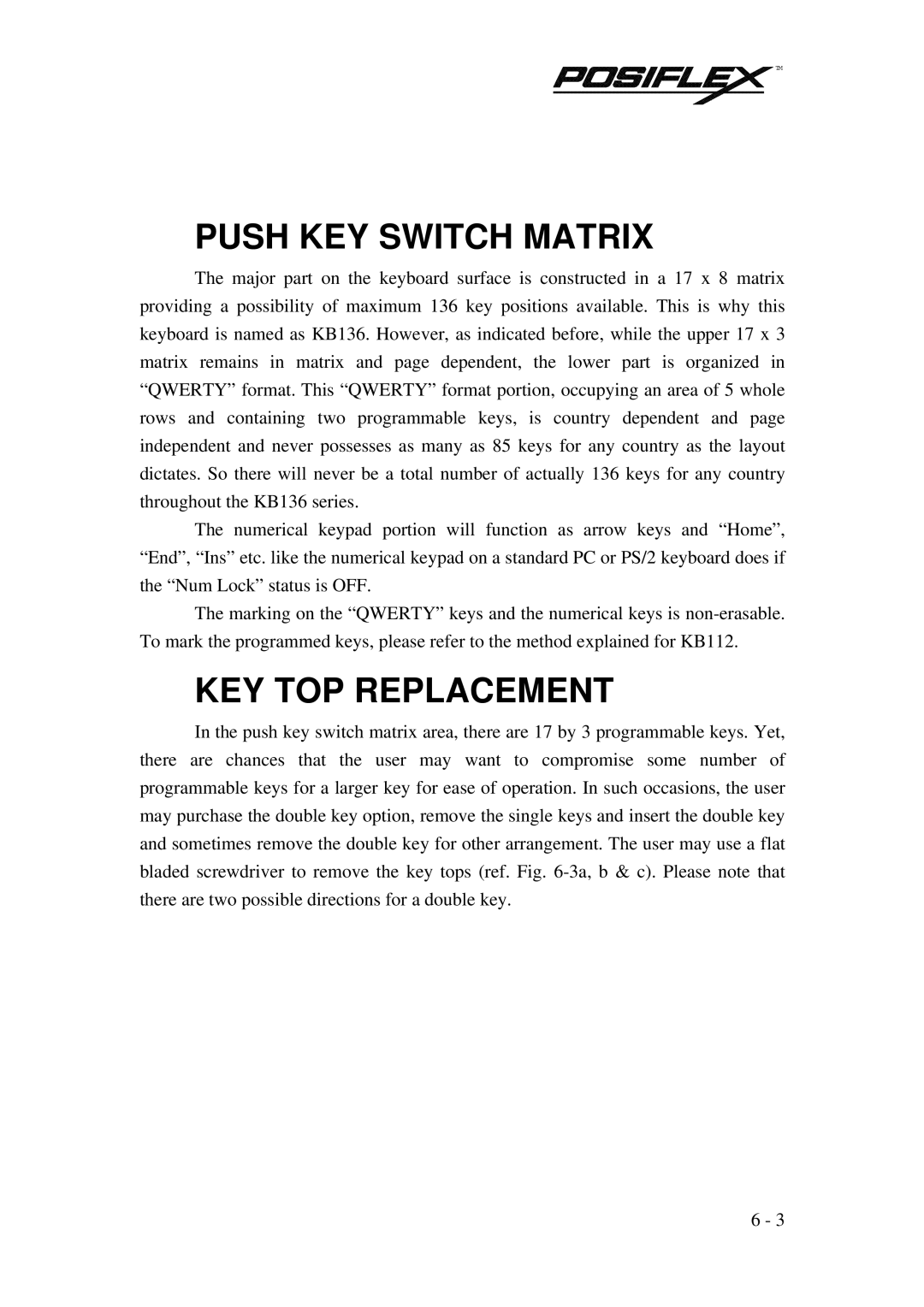 POSIFLEX Business Machines PST KB136 manual Push KEY Switch Matrix, KEY TOP Replacement 