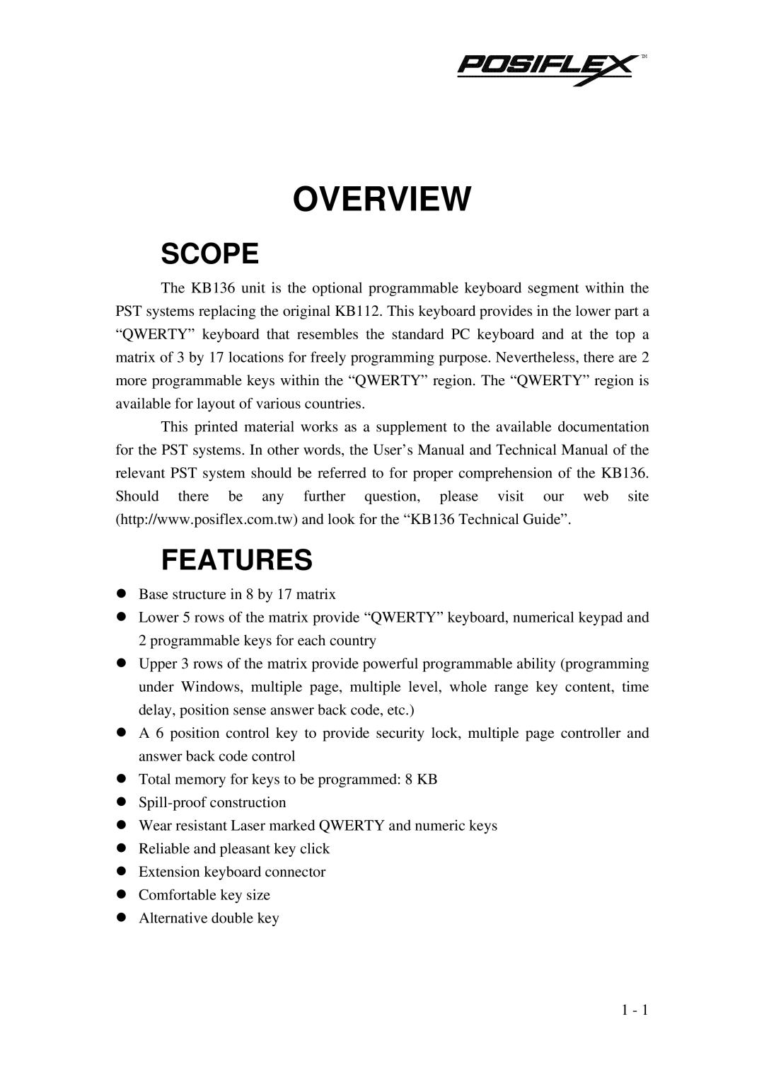 POSIFLEX Business Machines PST KB136 manual Overview, Scope, Features 