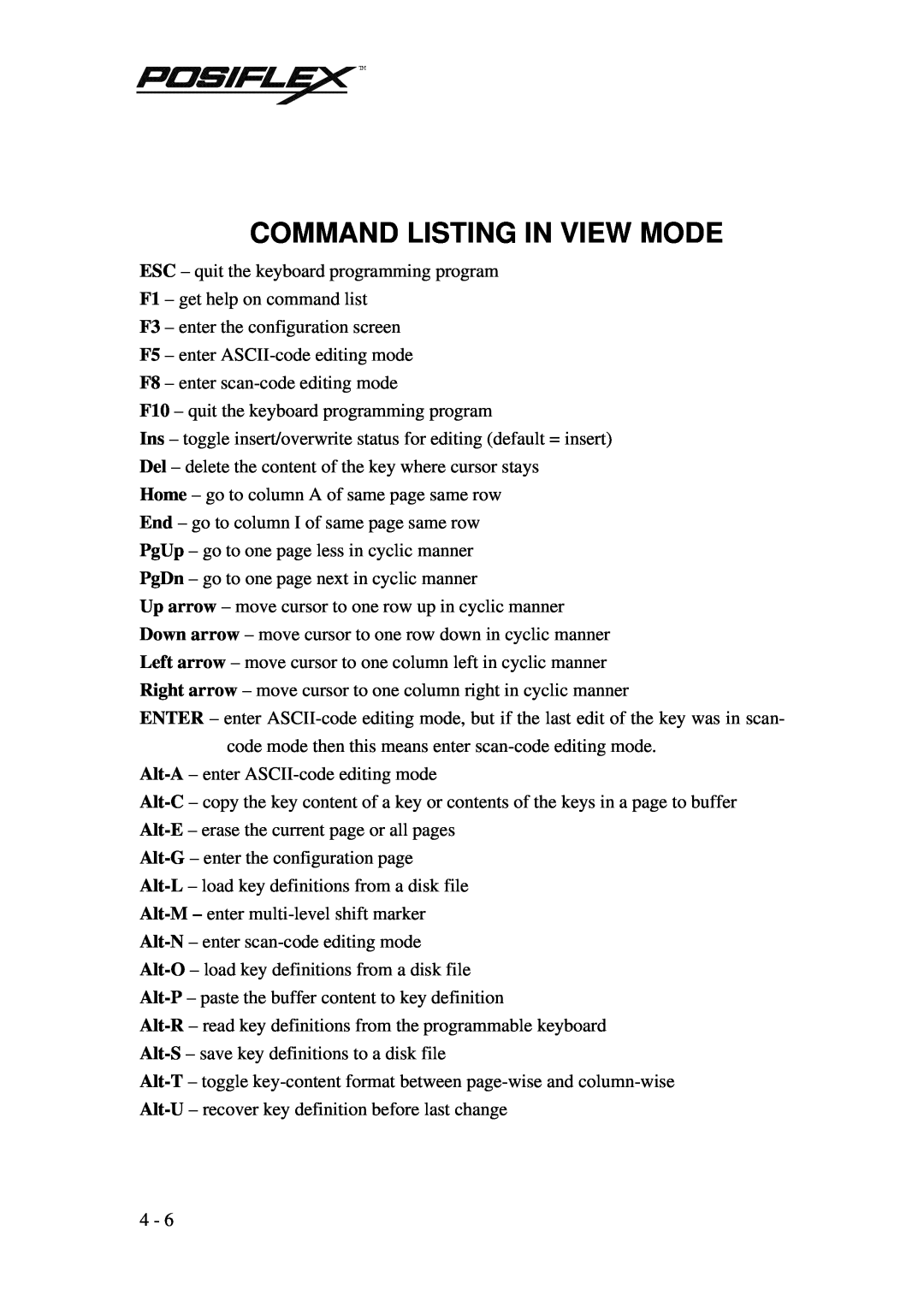 POSIFLEX Business Machines PST KB136 manual Command Listing In View Mode 