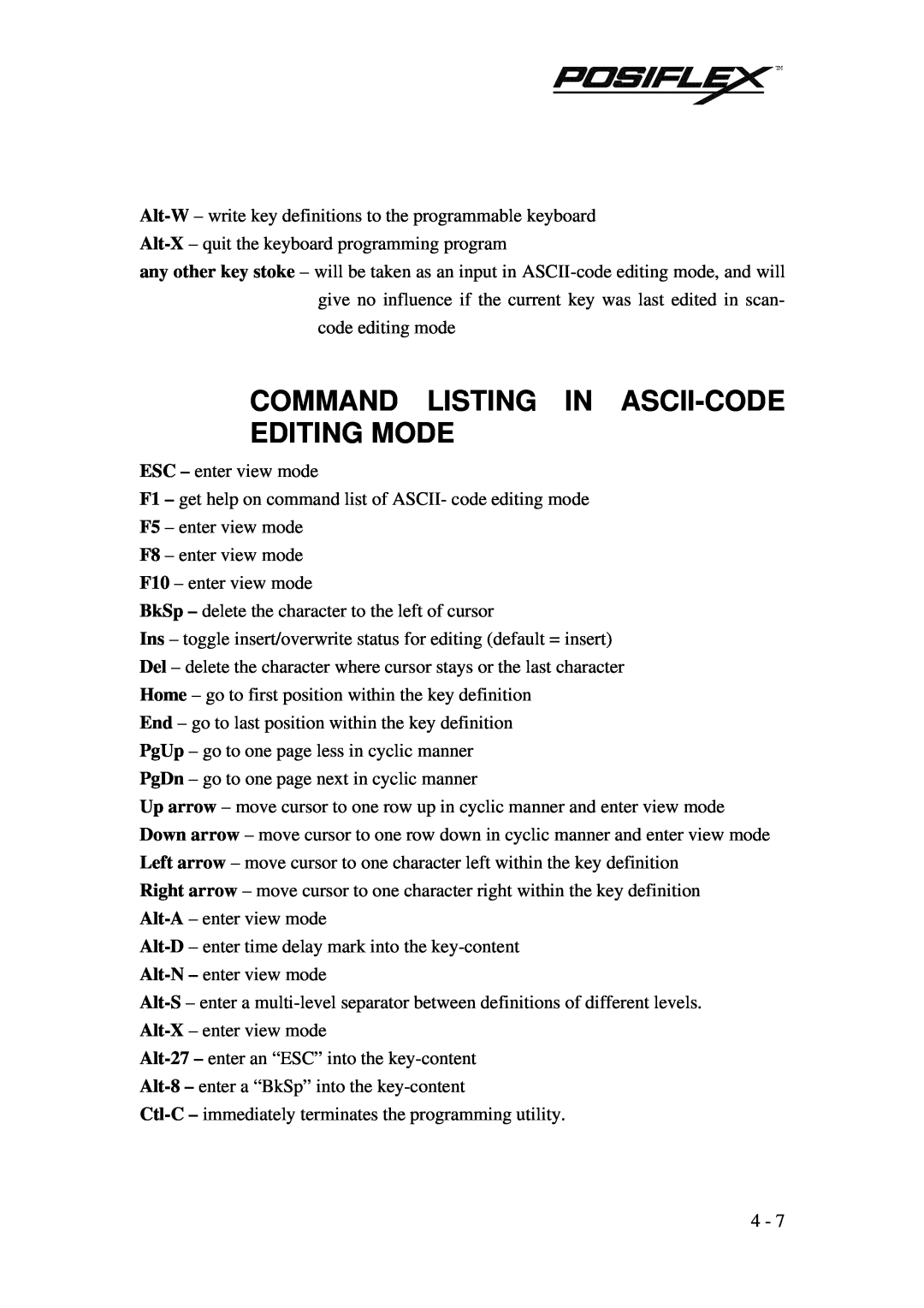 POSIFLEX Business Machines PST KB136 manual Command Listing In Ascii-Code Editing Mode 