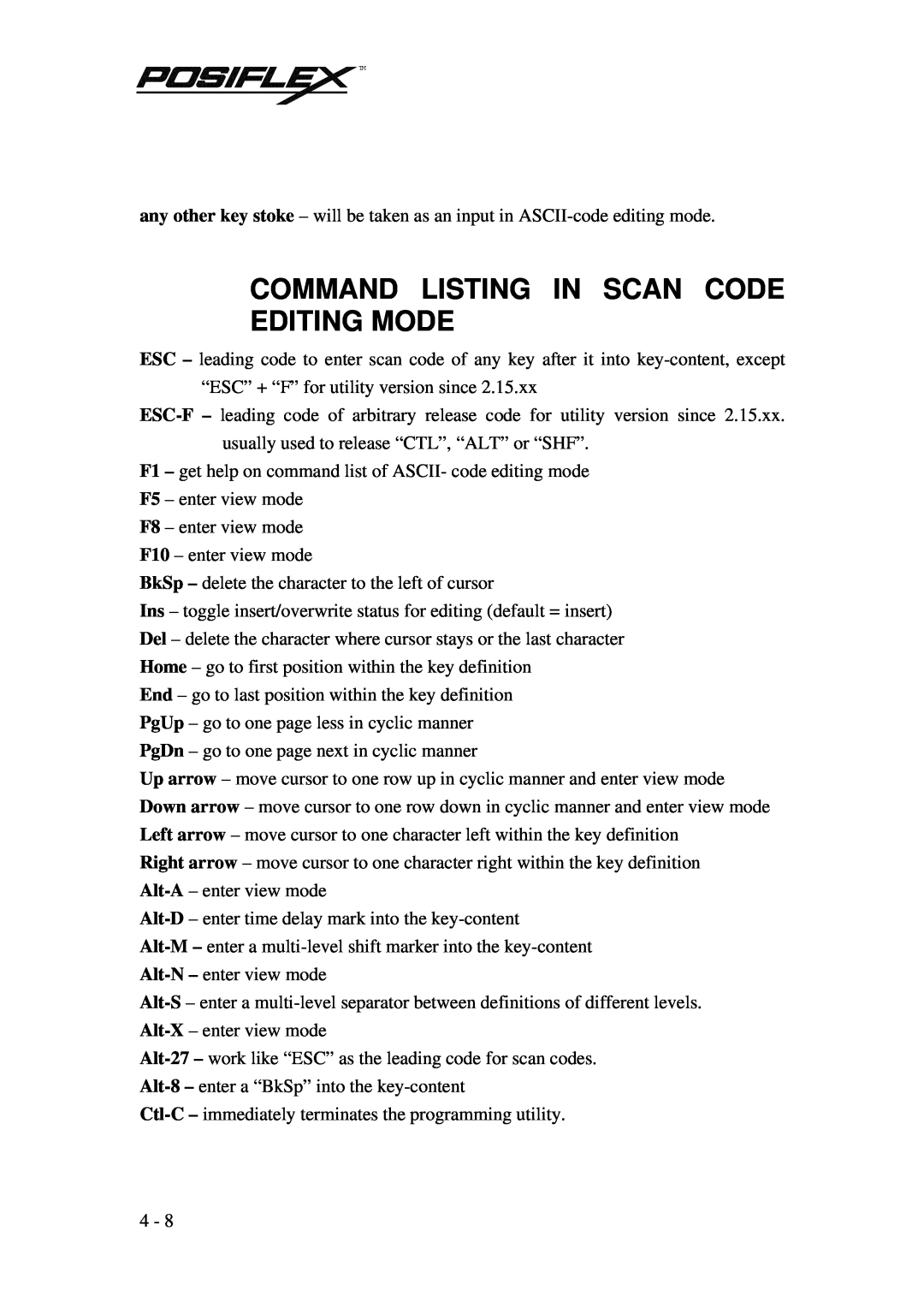 POSIFLEX Business Machines PST KB136 manual Command Listing In Scan Code Editing Mode 