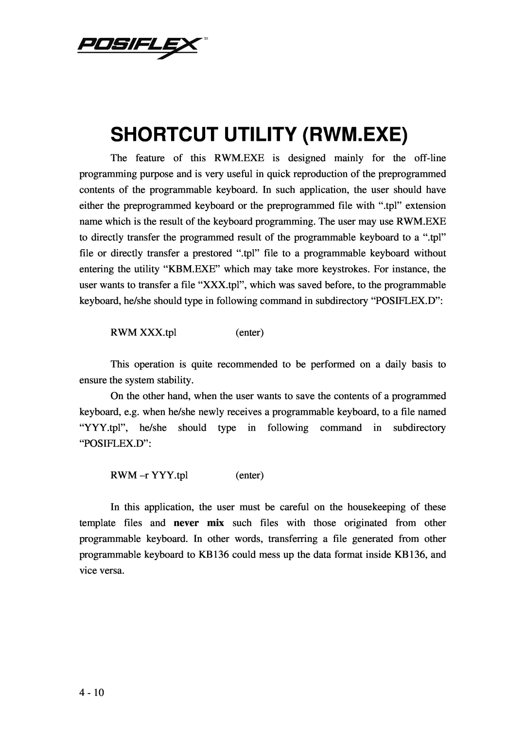 POSIFLEX Business Machines PST KB136 manual Shortcut Utility Rwm.Exe 